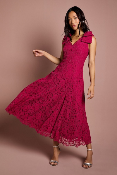 Coast Bow Shoulder V Neck Lace Midi Dress Burgundy