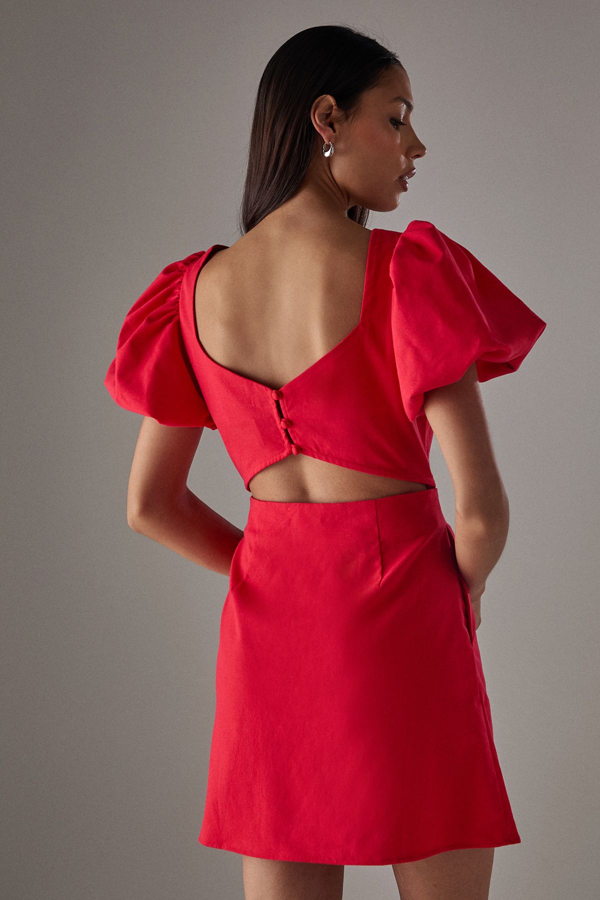 Warehouse HCD Linen Square Neck Puff Sleeve Mini Dress Red image 3