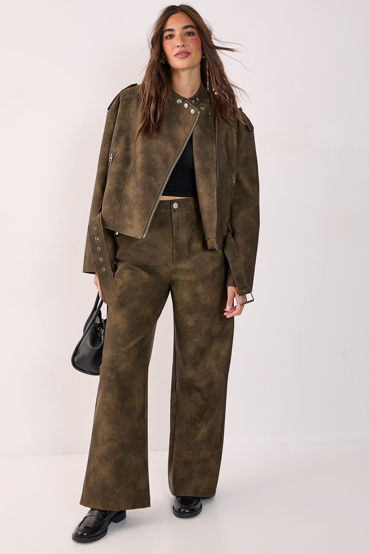 NastyGal Belted Cropped Faux Leather Biker Jacket Olive image 2