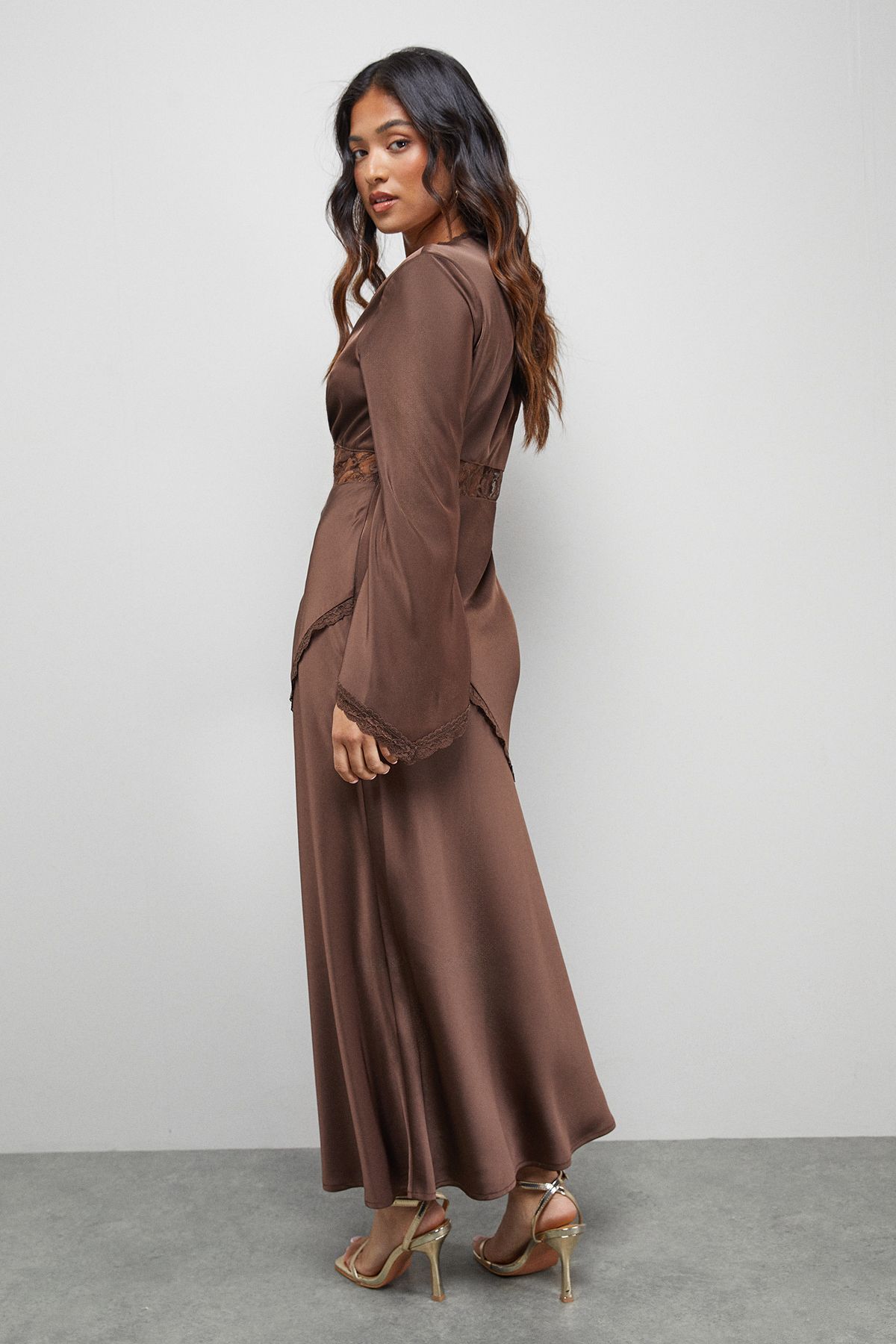 Warehouse Petite Satin Lace Insert Flute Sleeve Midi Dress Chocolate image 3