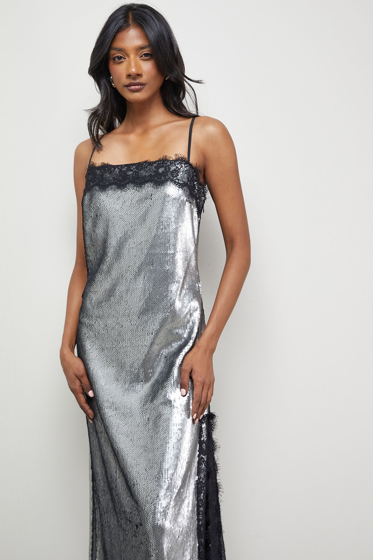 Warehouse Sequin Lace Trim Square Neck Midi Slip Dress Gun Metal image 2