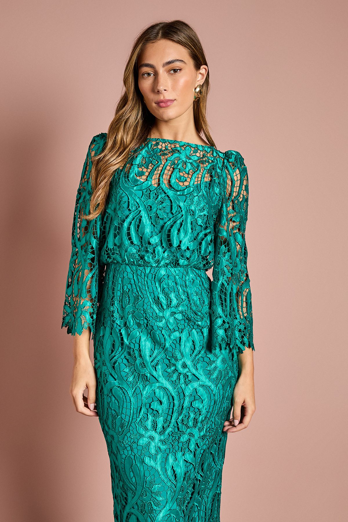 Coast Satin Lace Boat Neck Midi Dress With Fluted Sleeve Emerald image 2