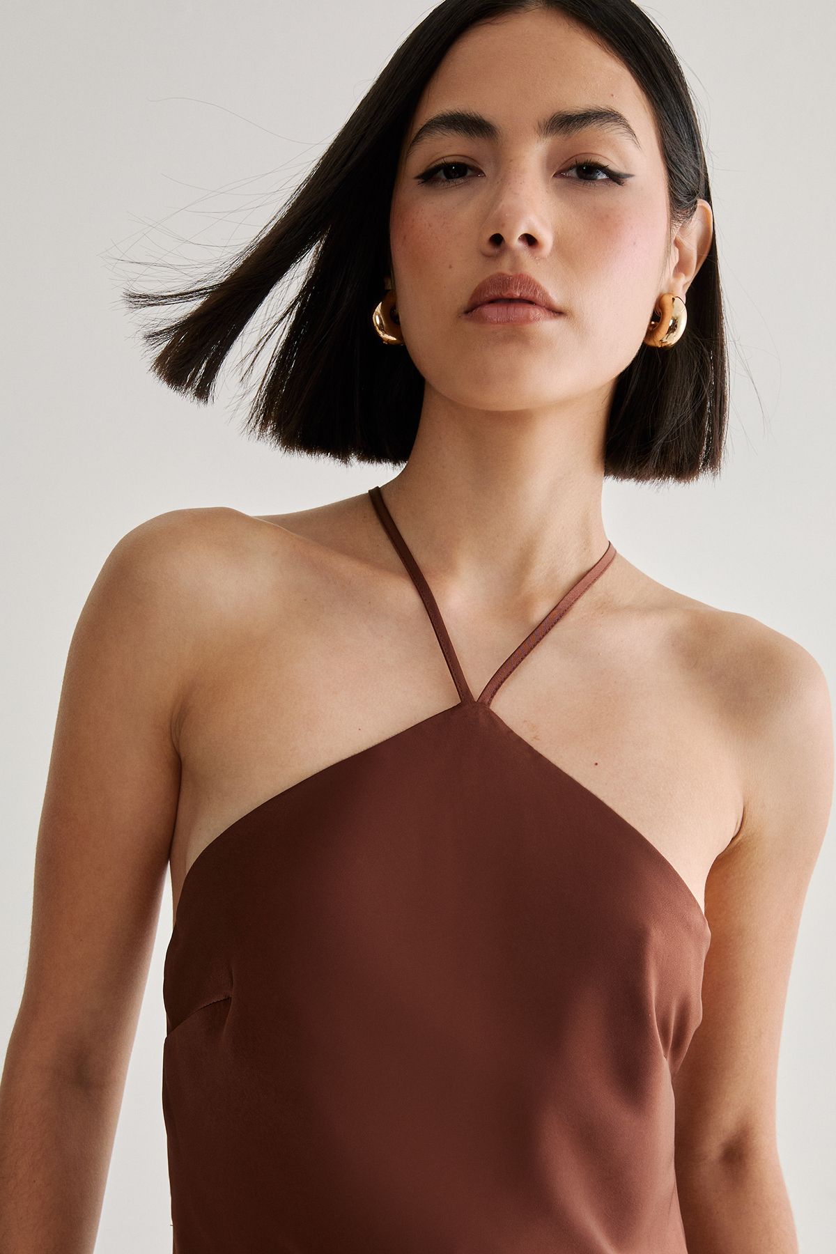 NastyGal Satin Halter Neck Cowl Back Maxi Dress Chocolate image 2