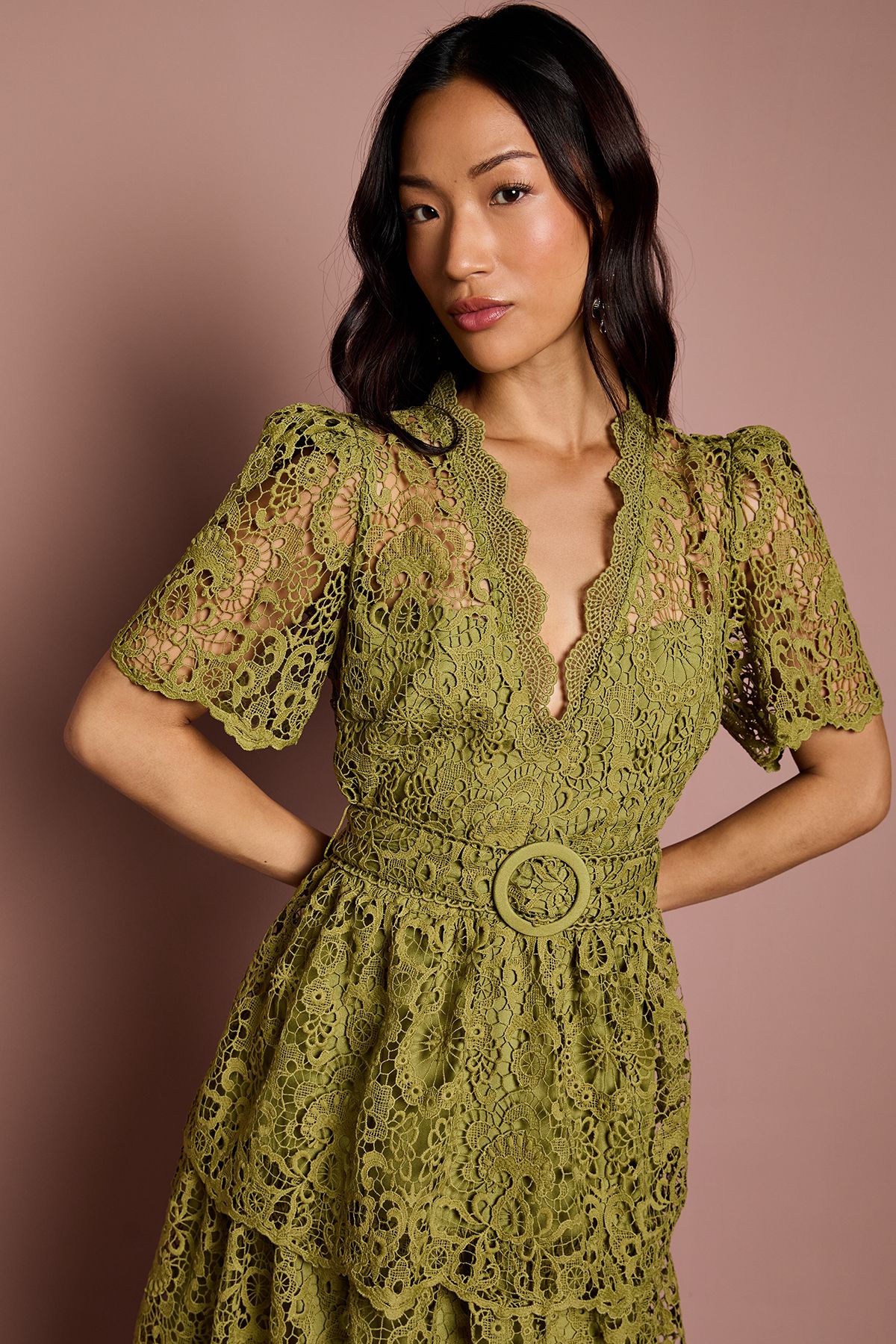 Coast Short Sleeve V Neck Tiered Lace Midi Dress Olive image 4