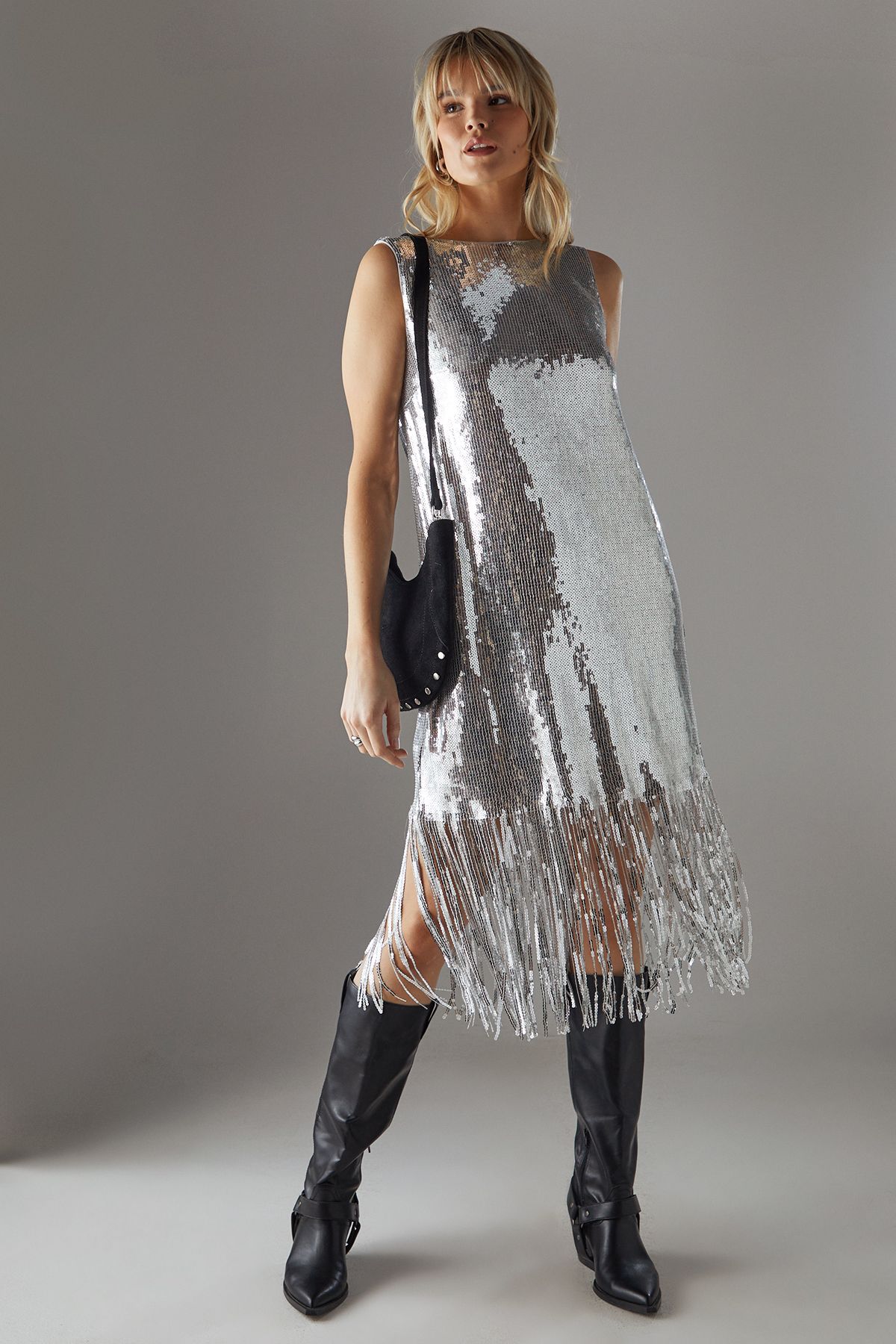 Warehouse Sequin Fringe Hem Column Mini Dress Silver image 2