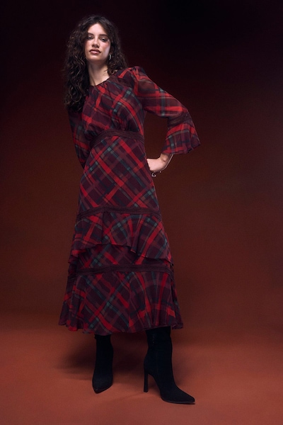 Oasis Printed Tiered Fluted Sleeve Lace Insert Midi Dress Multi