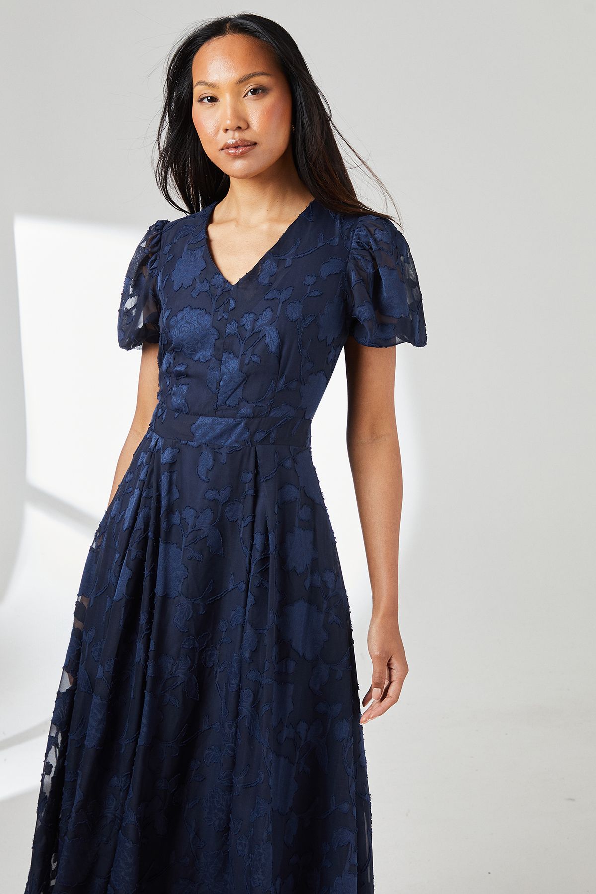 Principles Floral Jacquard Puff Sleeve Midi Dress Navy image 2