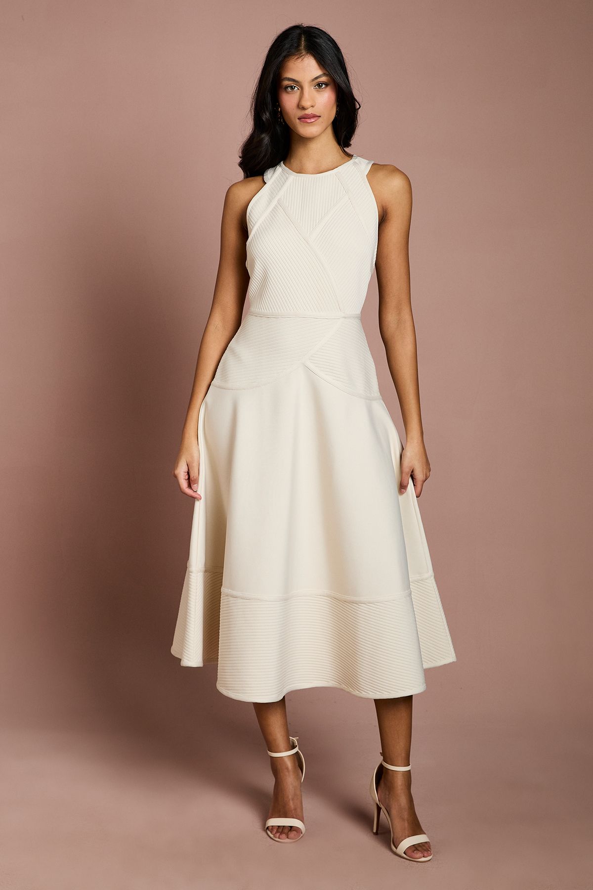 Coast Petite Ribbed Bandage Halterneck Midi Dress Stone image 1