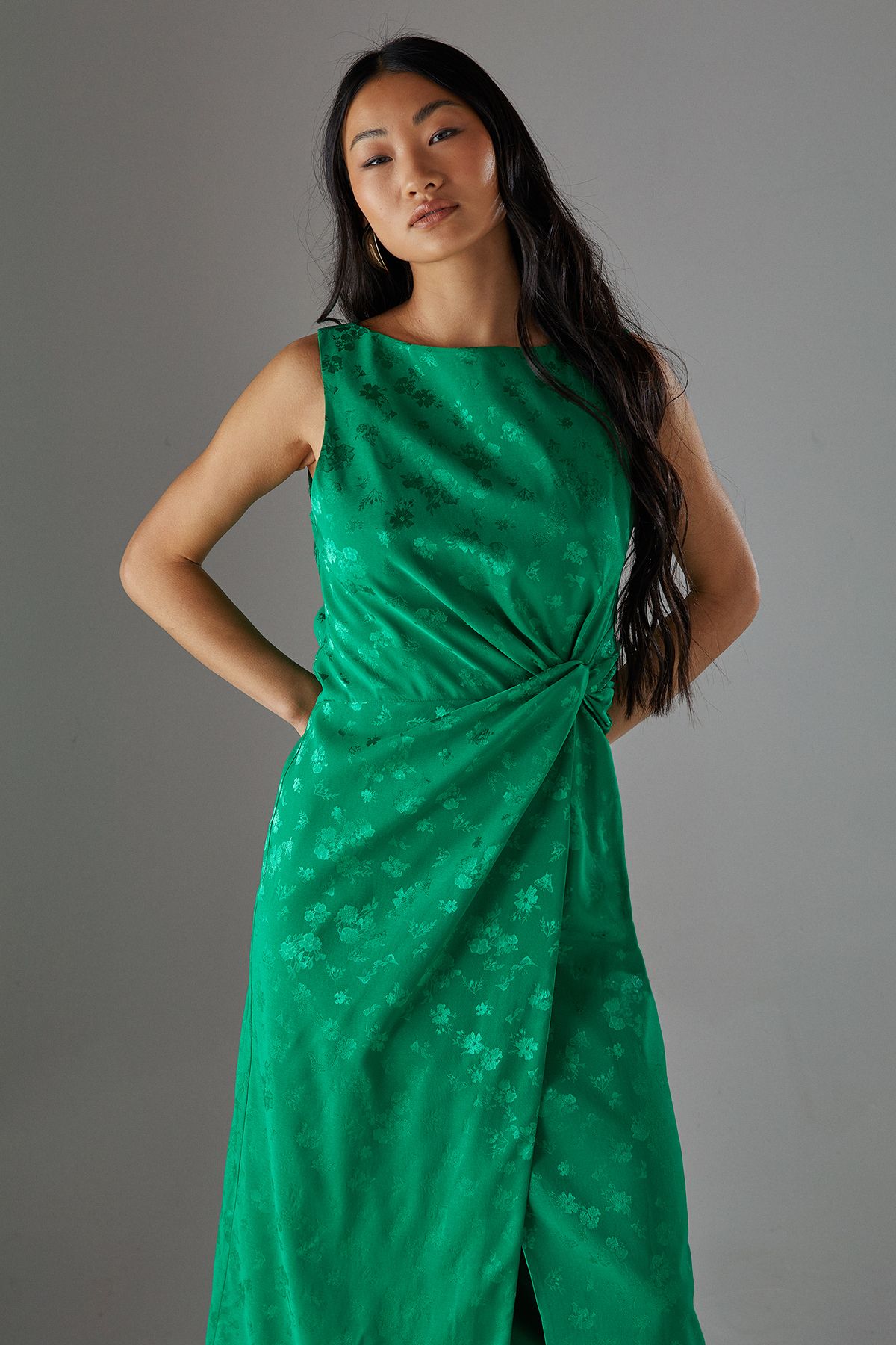 Warehouse Petite Satin Jacquard Feather Twist Front Cowl Back Midi Dress Green image 2