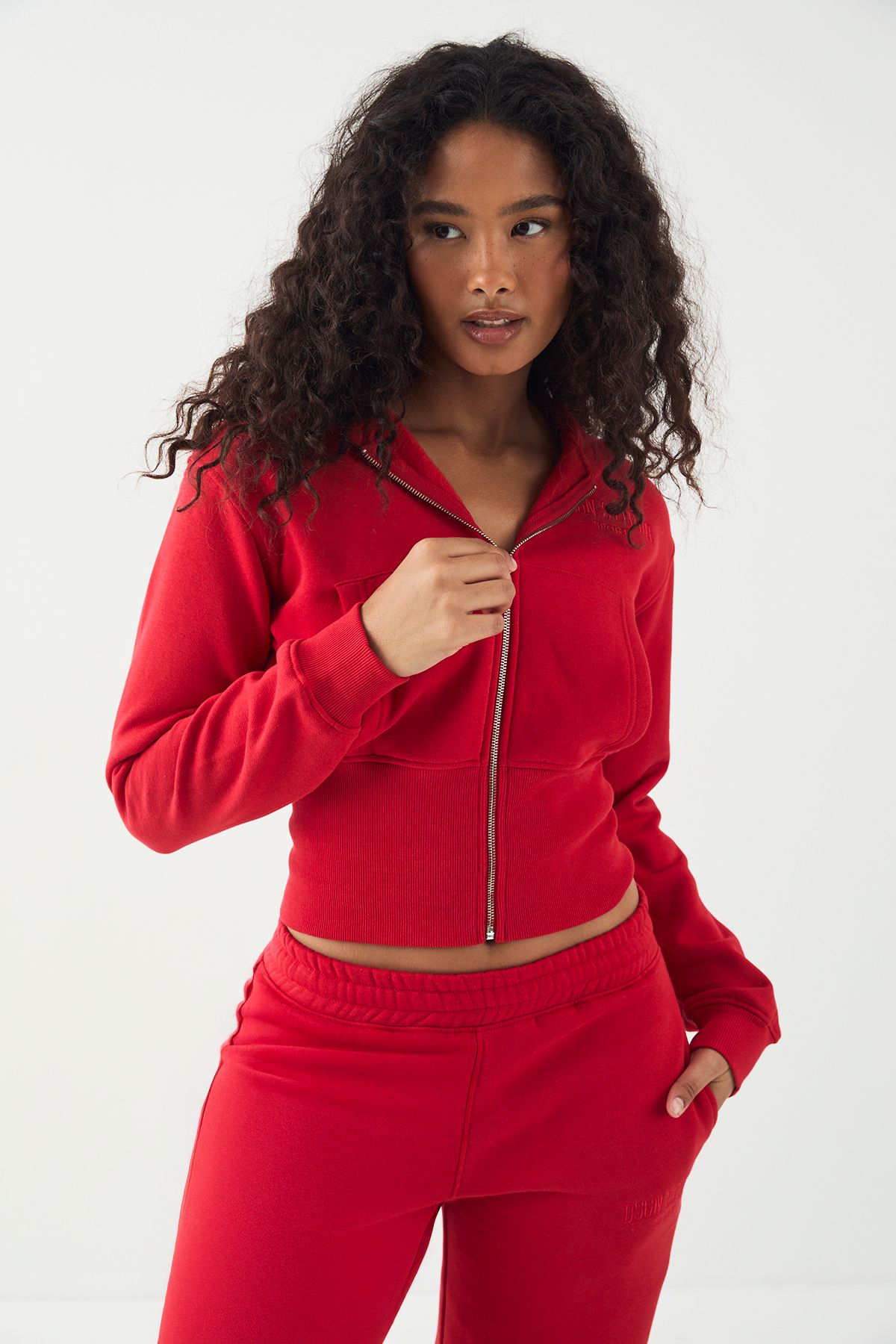 DSGN Studio DSGN Studio Embroidered Deep Hem Zip Through hoodie Red image 3