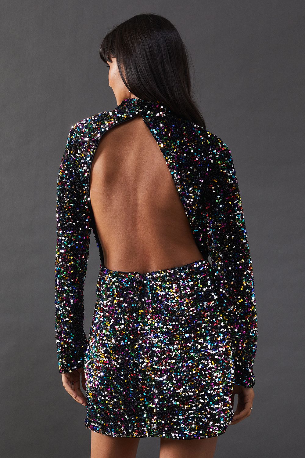 Warehouse High Neck Velvet Sequin Cutout Back Mini Dress Multi image 3