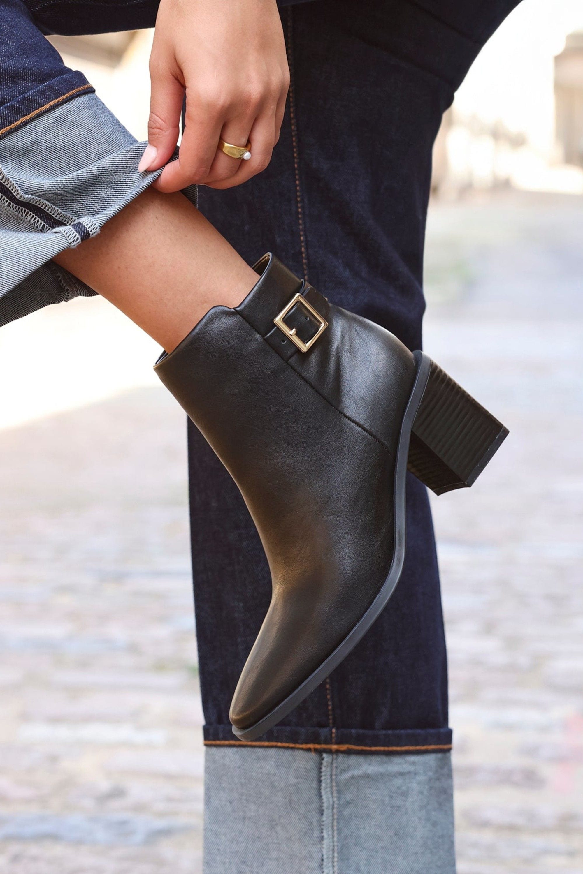 Linzi Rise Black Faux Leather Block Heeled Ankle Boot image 6