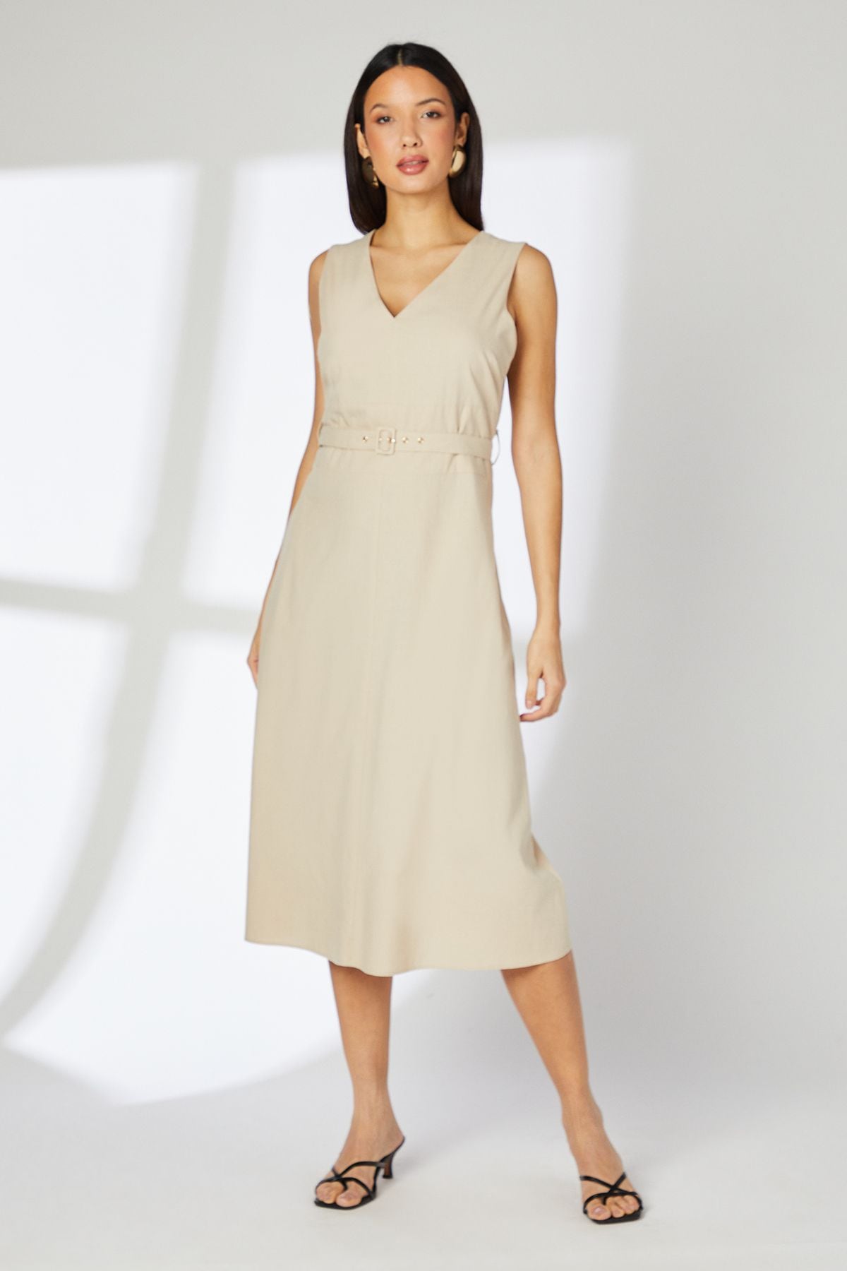 Principles Sand Belt Detail V - Neck Midi Dress Sand image 1