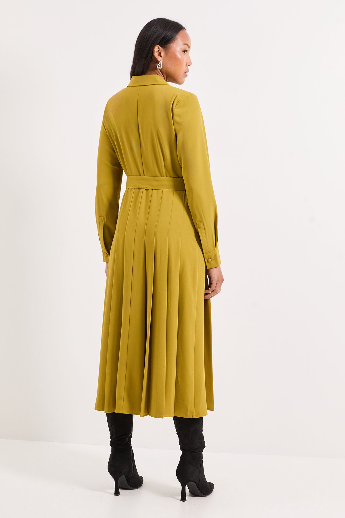 Principles Pleat Skirt Belted Shirt Dress Chartreuse image 3