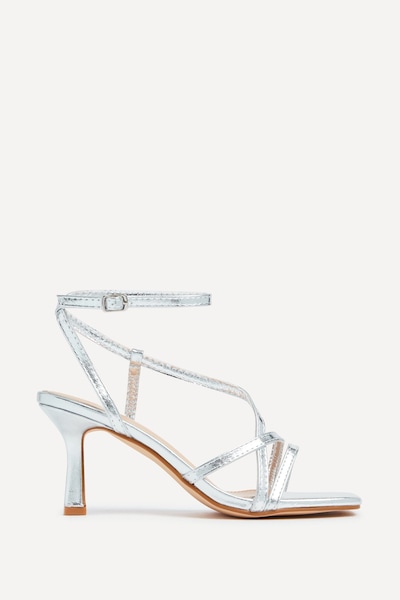 Linzi Ella Silver Faux Leather Strappy Square Toe Heeled Sandal