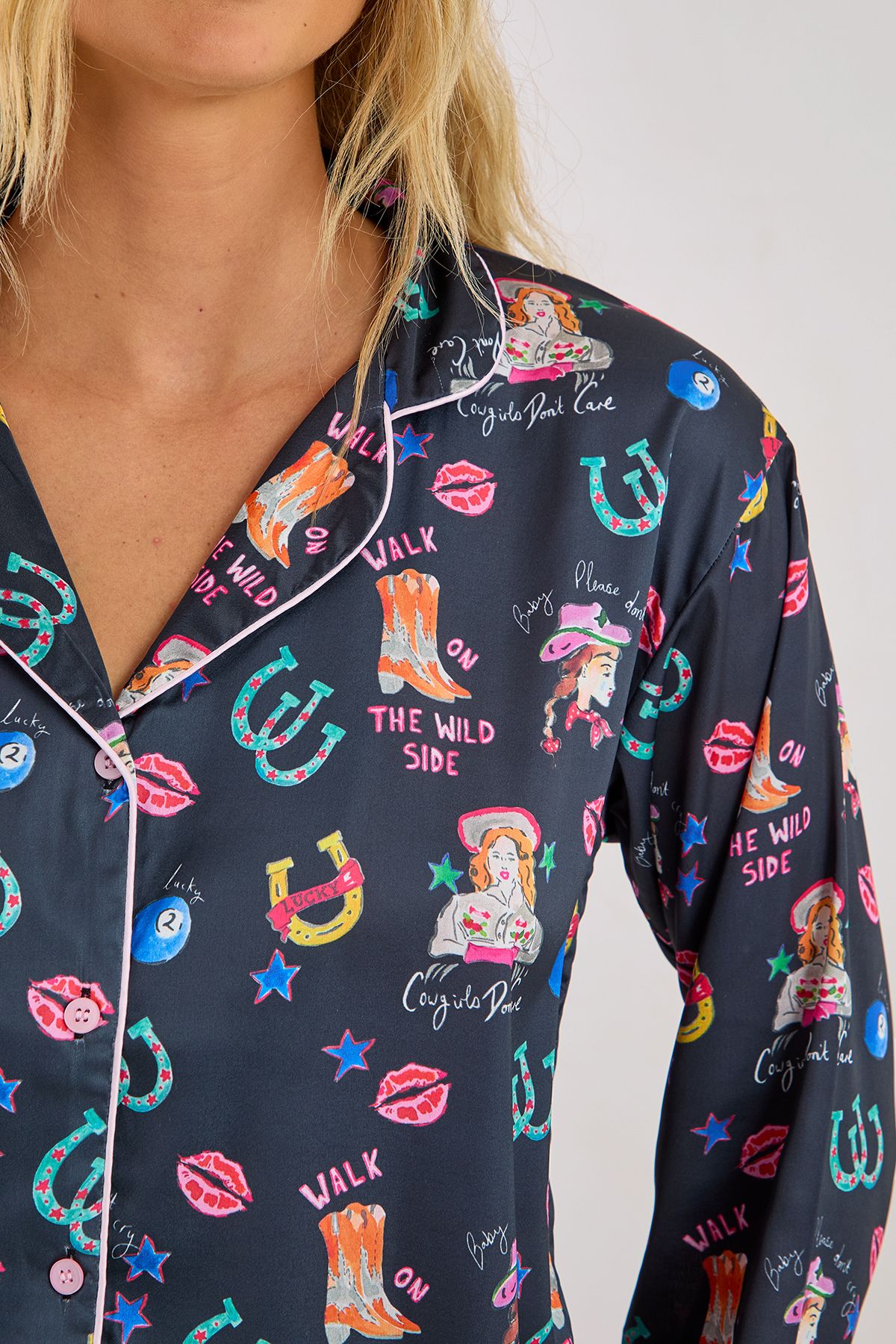 NastyGal Satin Western Conversational Contrast Piped Pajama Pants Set Black image 3