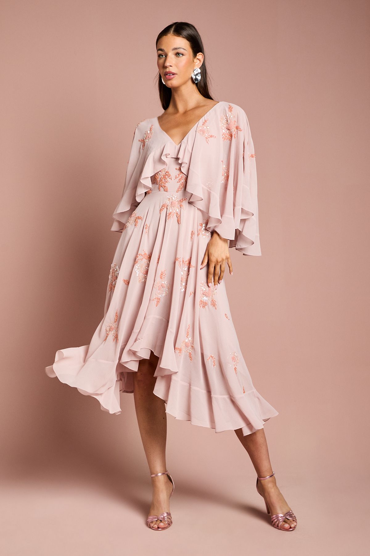 Coast Embellished Frill Cape Midi Dress Nude image 1