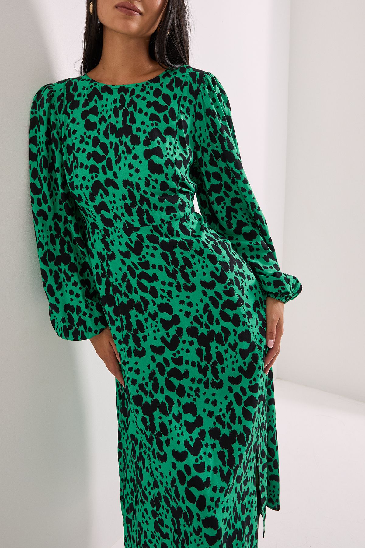 Dorothy Perkins Petite Green Animal Empire Seam Split Detail Printed Midi Dress Animal image 2