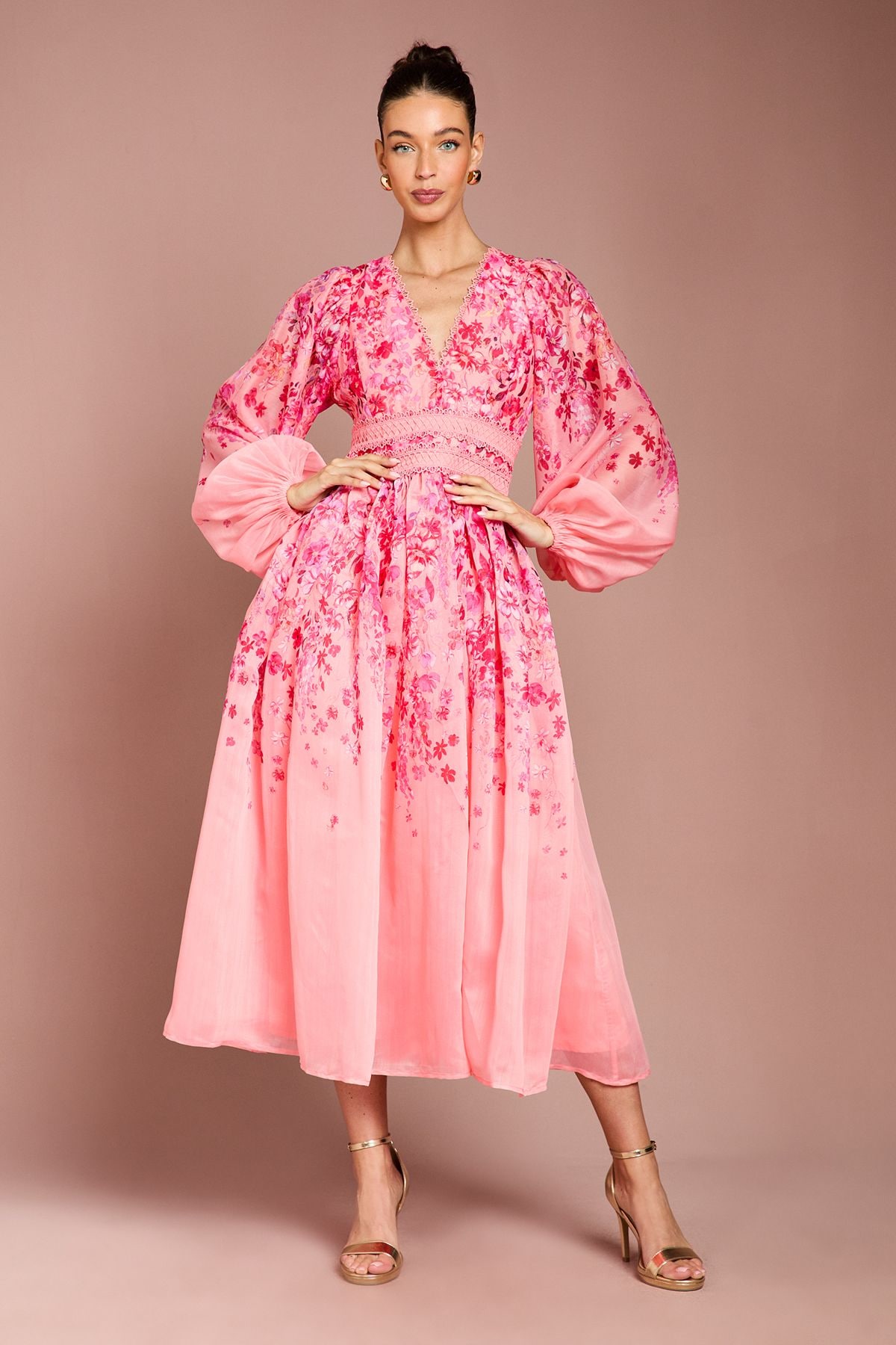 Coast Organza Floral Placement Lace Trim Midaxi Dress Pink image 1