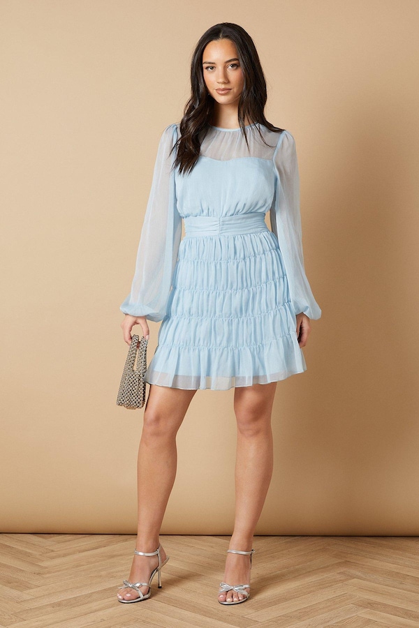 Oasis Ruched Waist Mesh Insert Mini Dress Blue