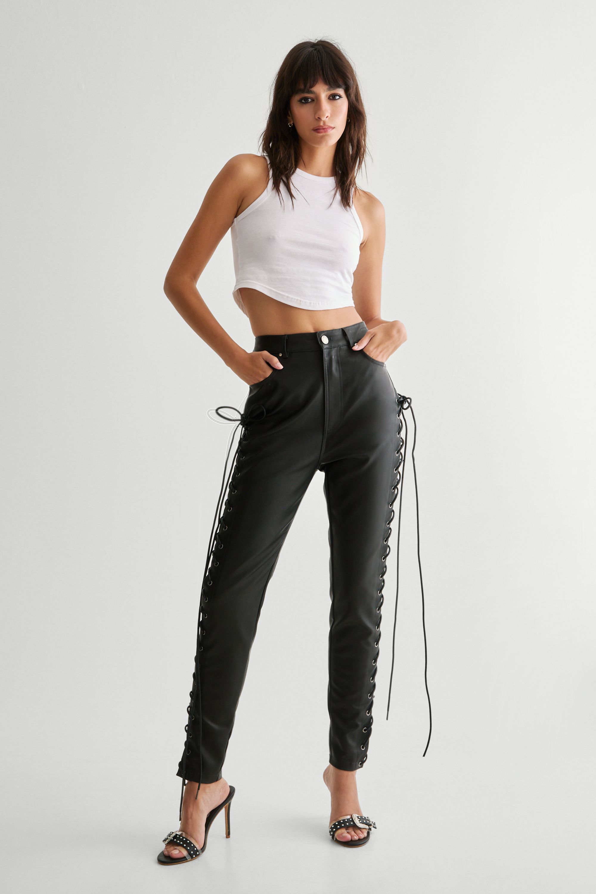 NastyGal Eyelet Detail Faux Leather Trousers Black image 3