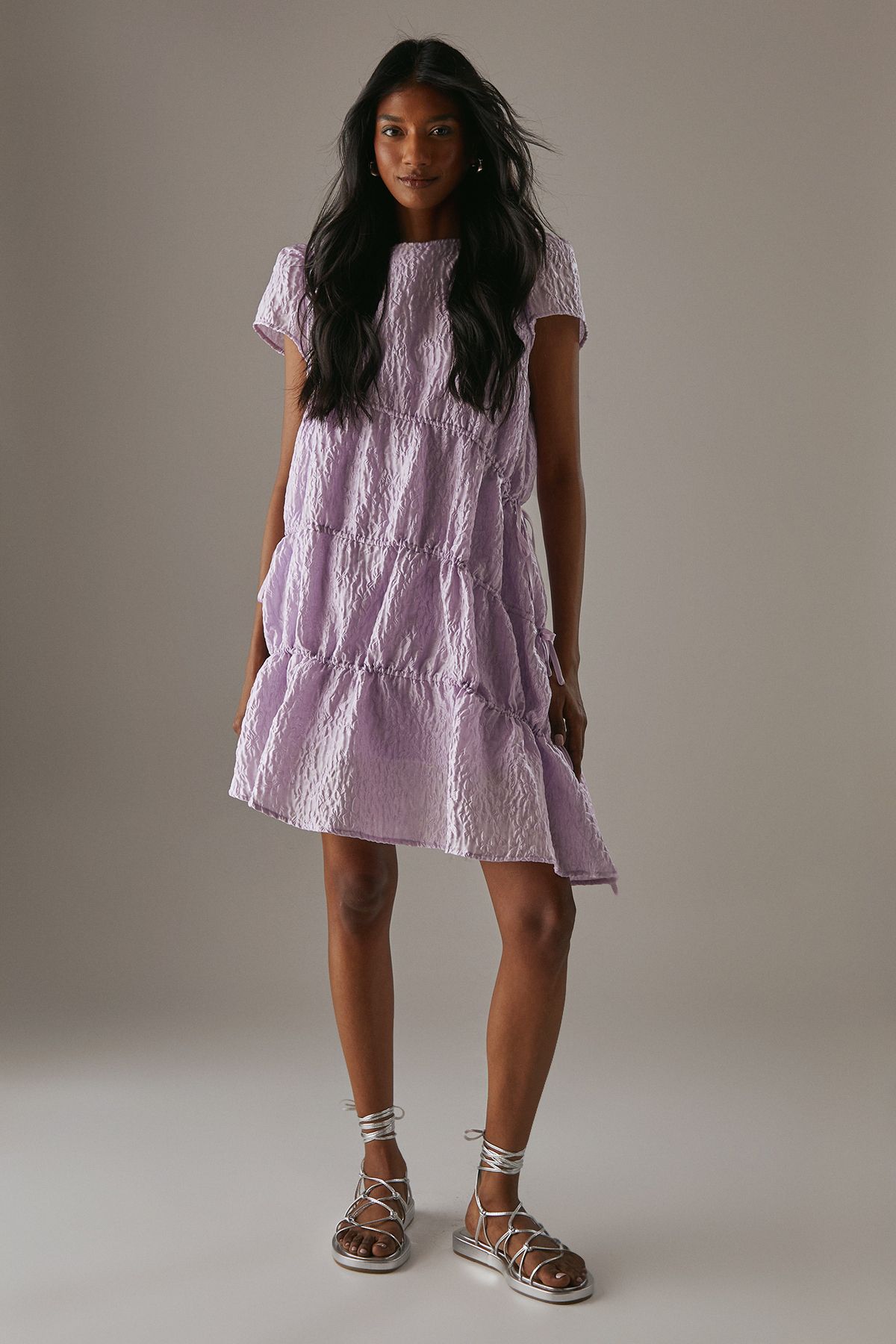 Warehouse Premium Jacquard Gathered Channel Smock Mini Dress Soft Pink image 2