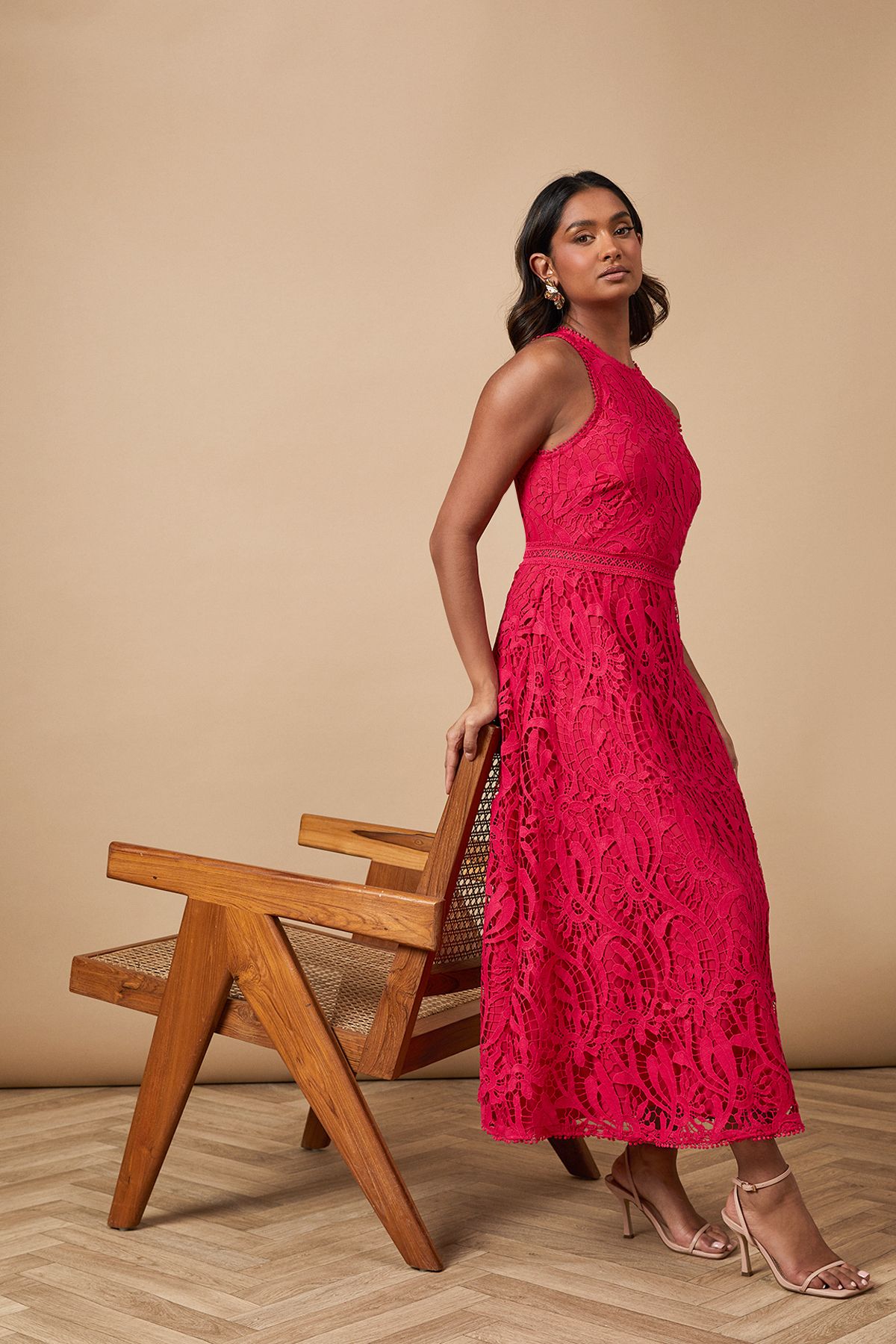 Oasis Lace Halterneck Dress Bright Pink image 1