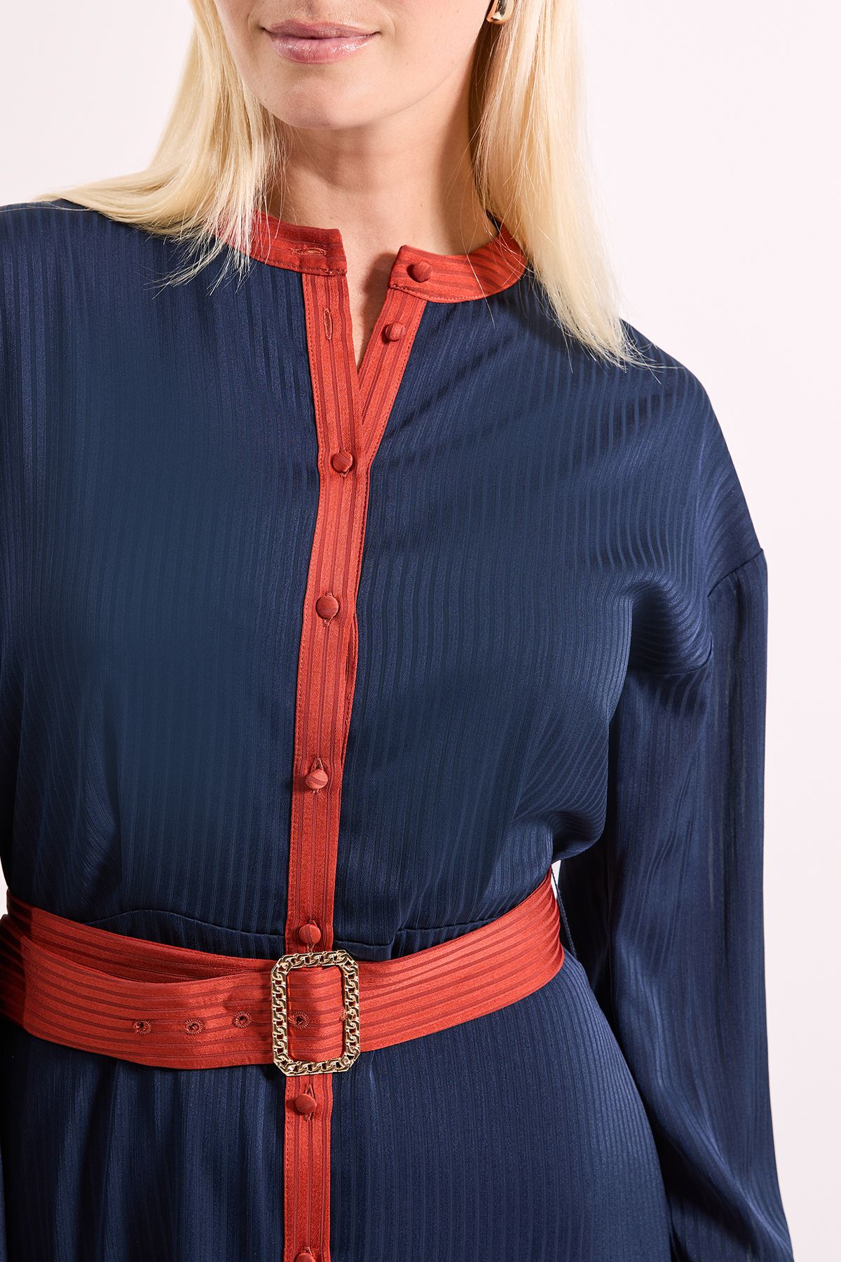 Principles Navy Satin Stripe Contrast Collar Belted Midi Dress Navy image 5