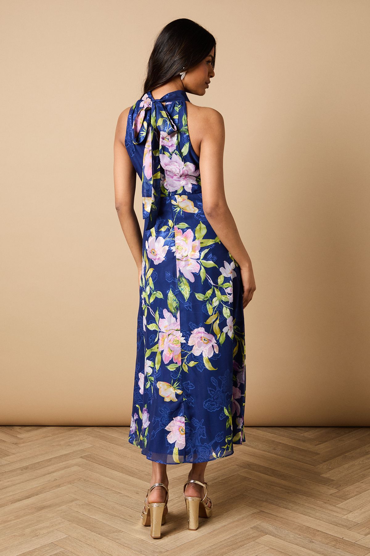 Oasis Petite Floral Satin Burnout Halterneck Midi Dress Multi image 3