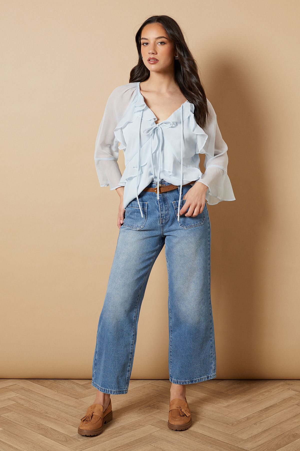 Oasis Boho Ruffle Flute Sleeve Blouse Pale Blue image 2