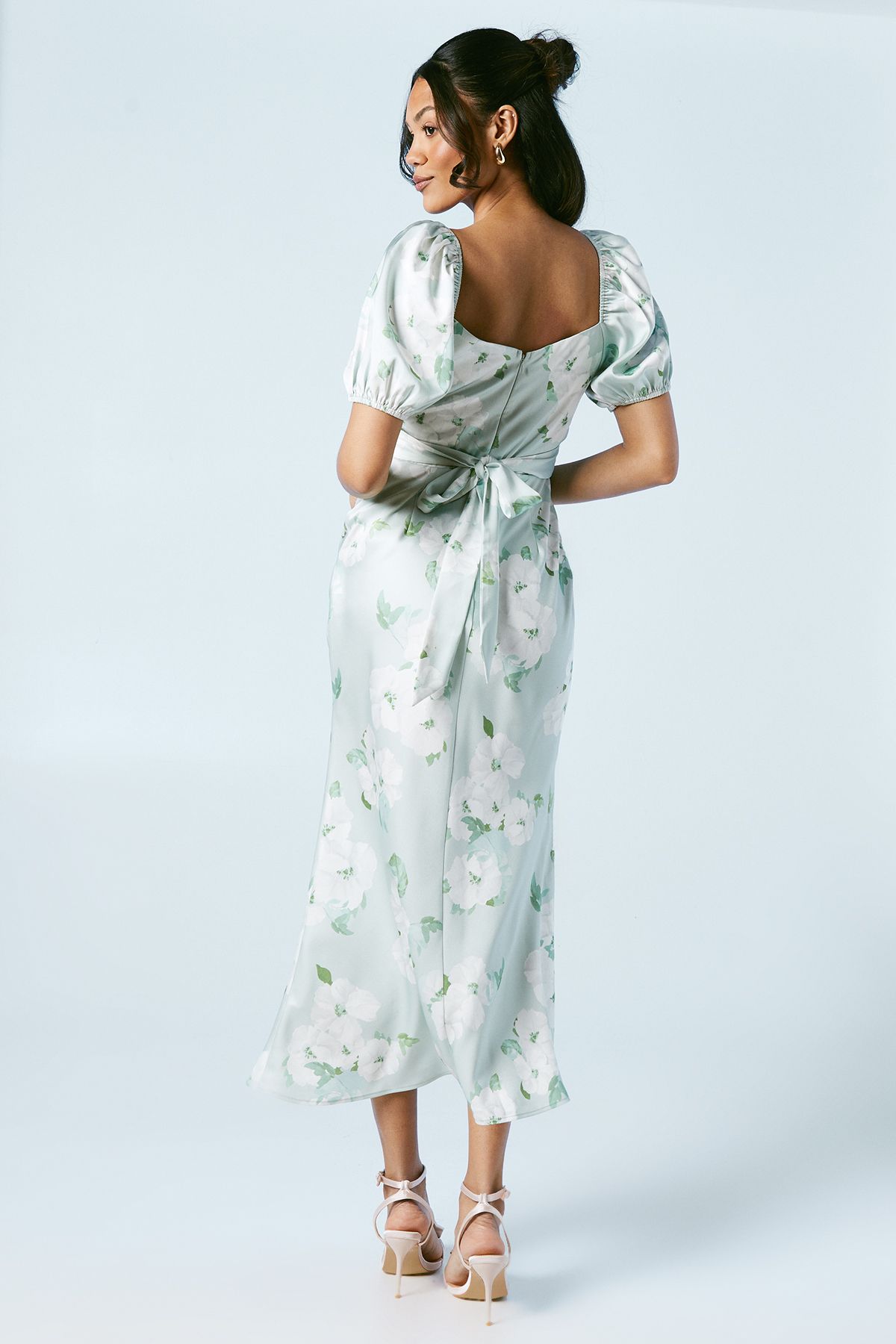 Oasis Sage Posy Puff Sleeve Satin Wrap Top Bridesmaid Midi Dress Sage image 3