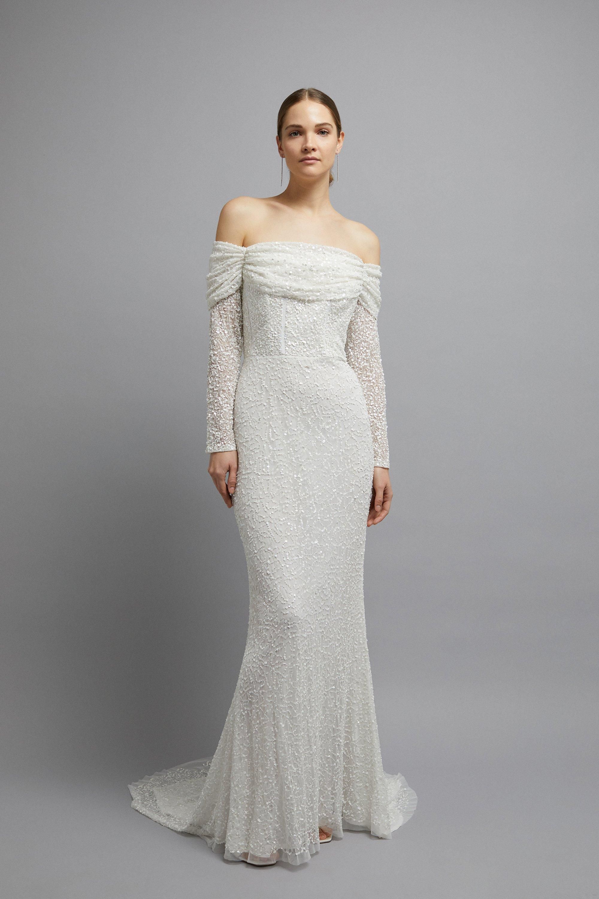 Coast Ivory Sequin Draped Bardot Long Sleeve Maxi Wedding Dress PLT