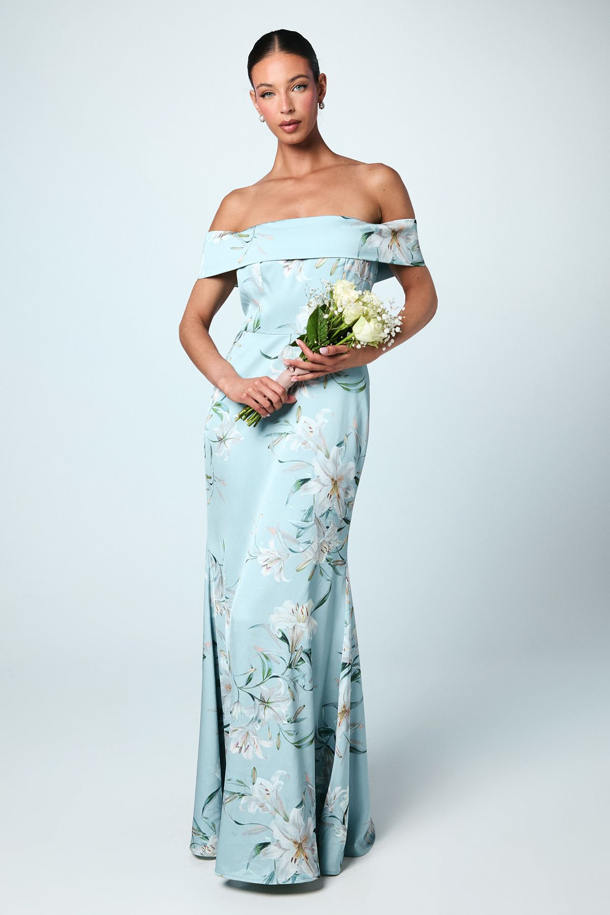 Coast Printed Bardot Satin Bridesmaid Dress Sage image 1