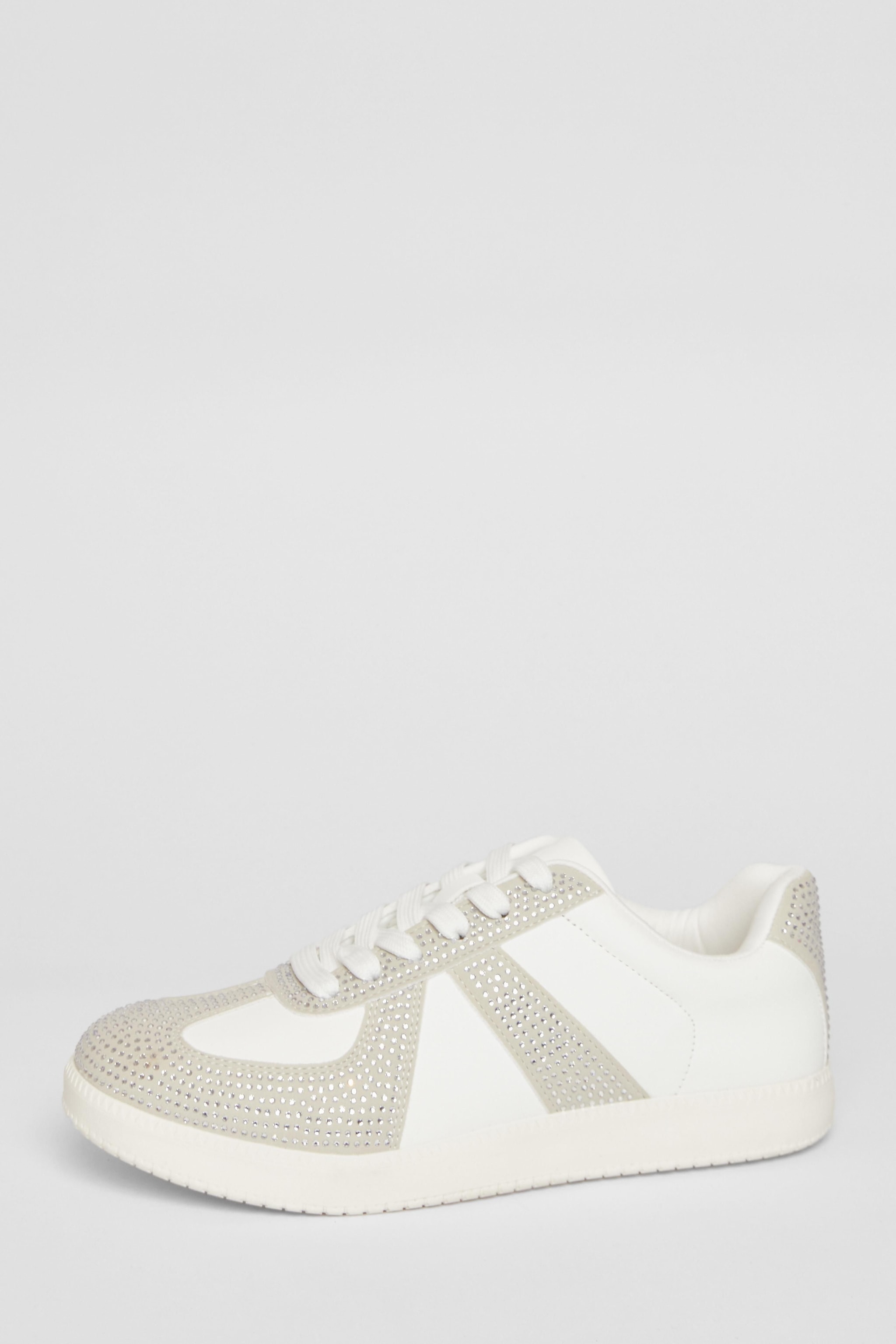 Quiz White Faux Leather Diamante Trainers image 3