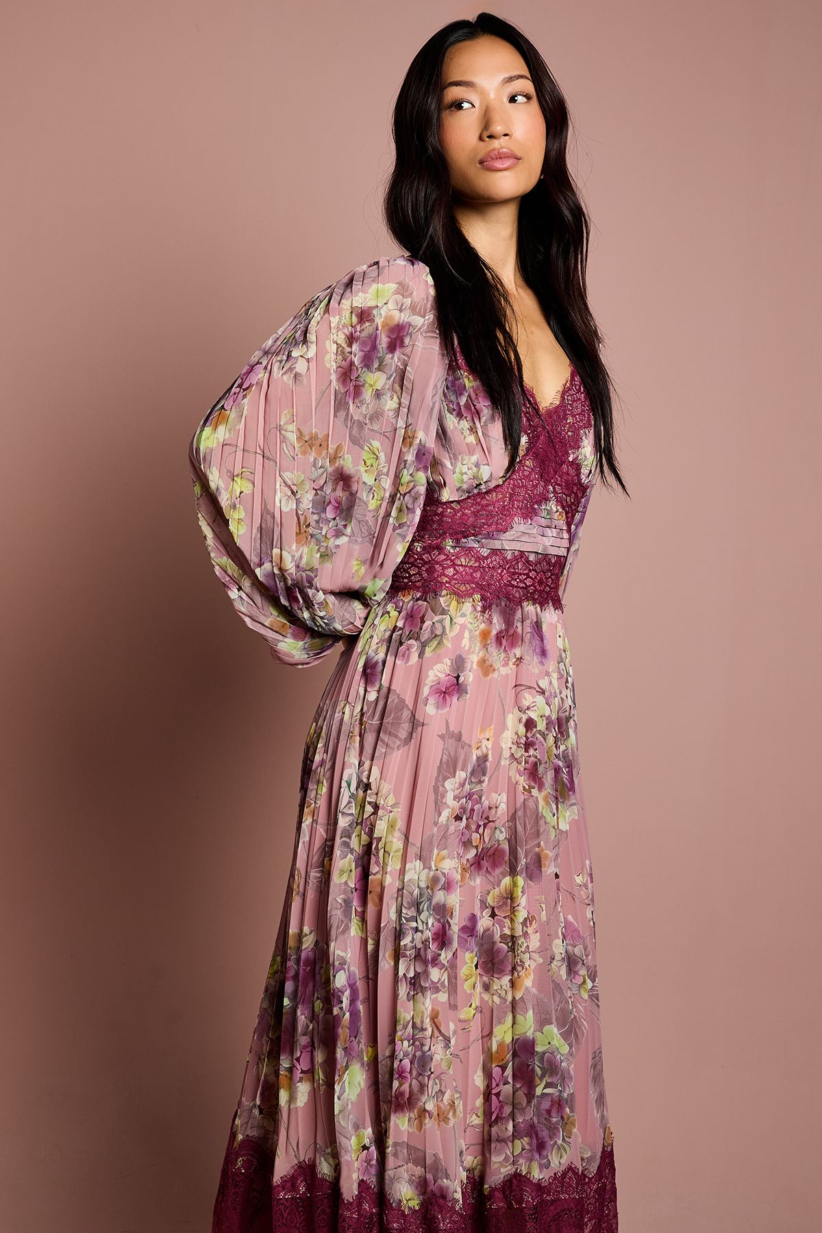 Coast Long Sleeve Pleated Lace Trim Midaxi Dress Pink image 2