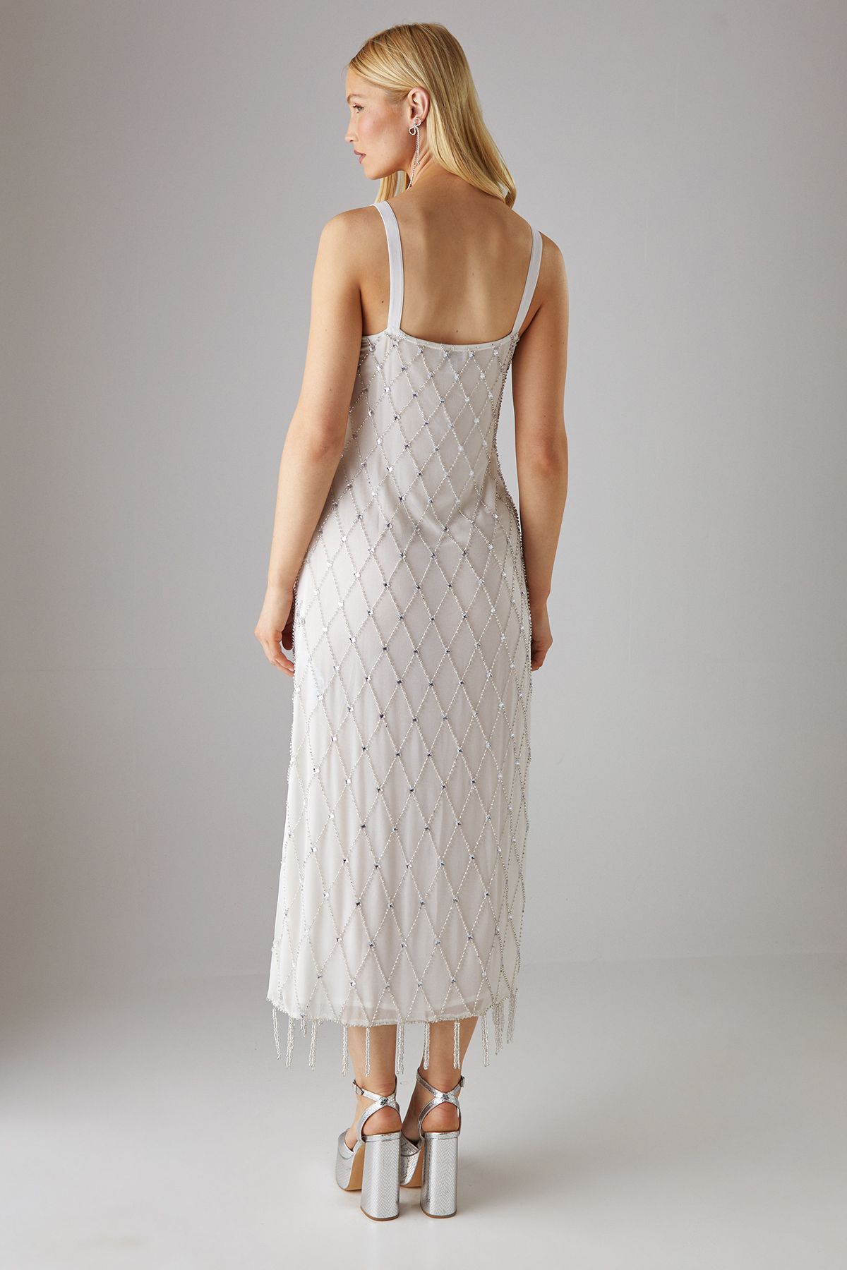 Warehouse Hand Embellished Strappy Sequin Fringe Hem Midi Dress Ivory image 3