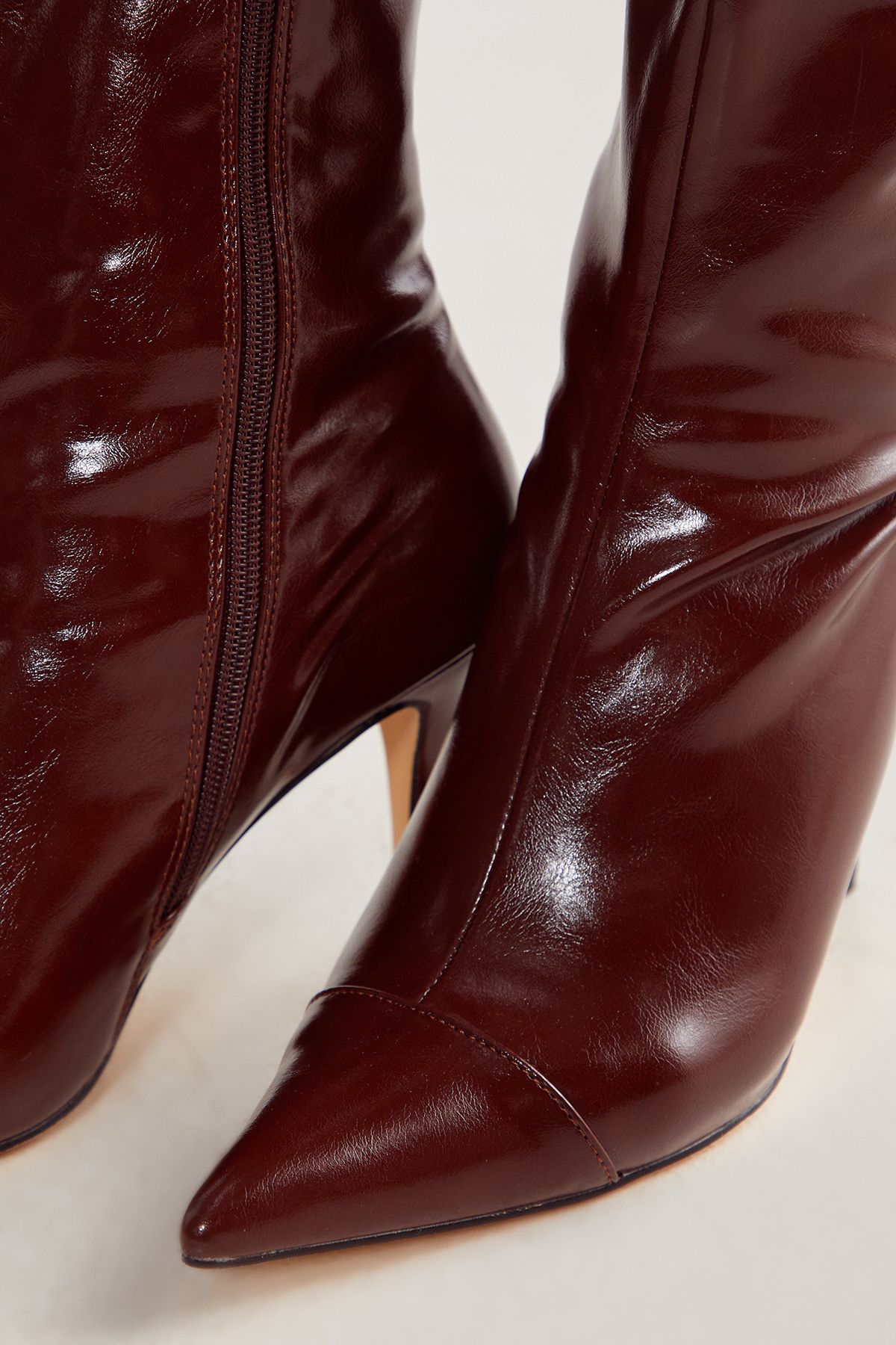 NastyGal Faux Leather Knee High Pointed Boot Brown image 2