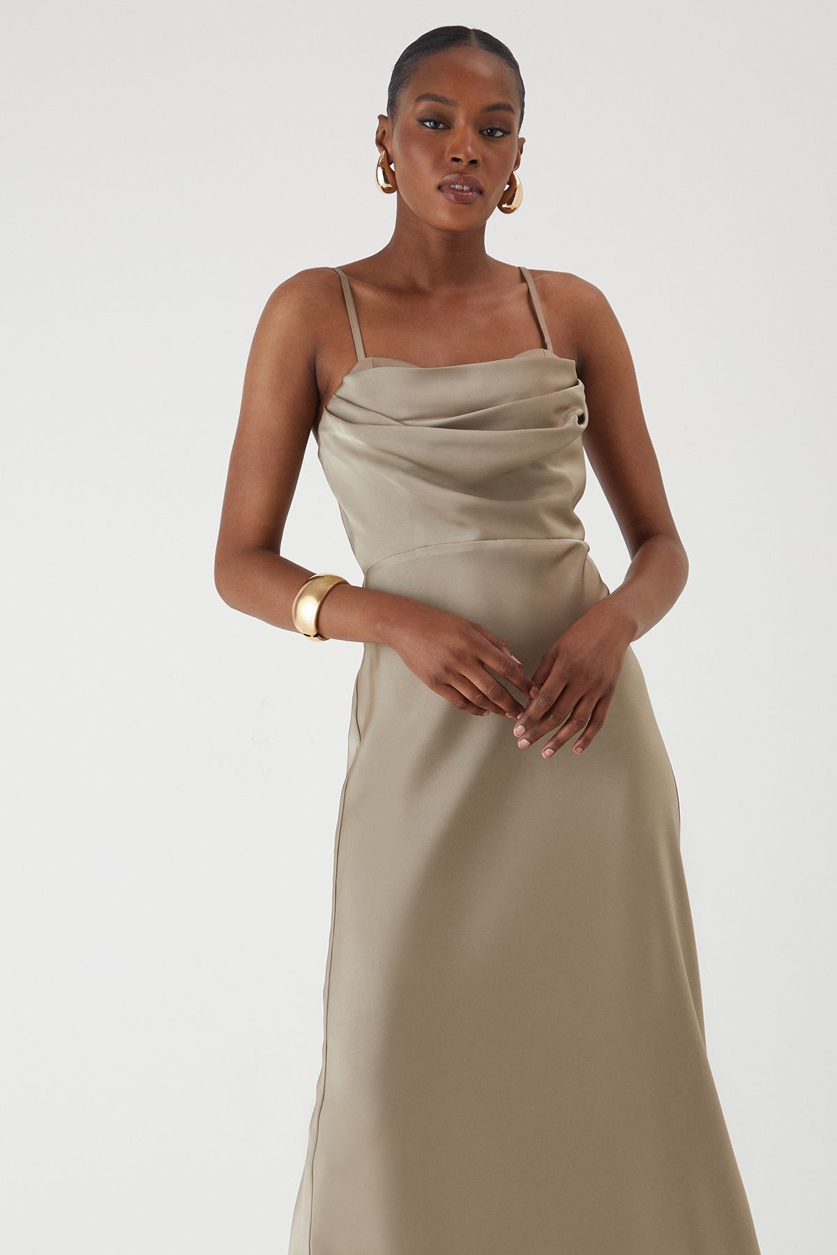 MissPap Satin Cup Drape Bust Maxi Dress Bronze image 2