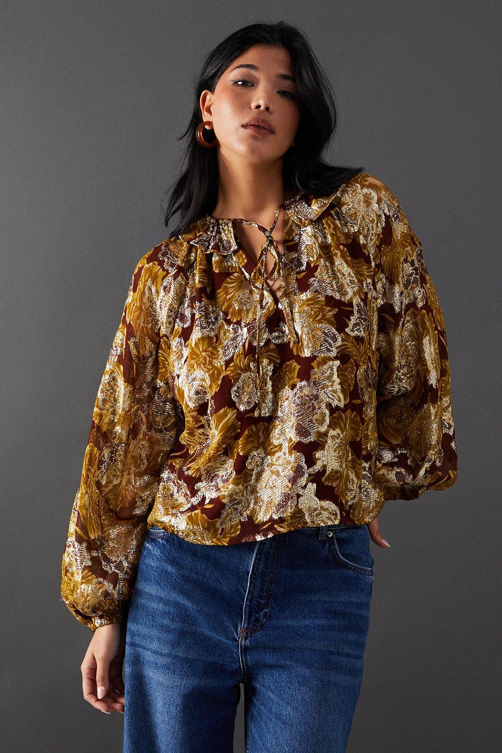 Warehouse Printed Metallic Jacquard Tie Neck Frill Collar Blouse Floral image 1