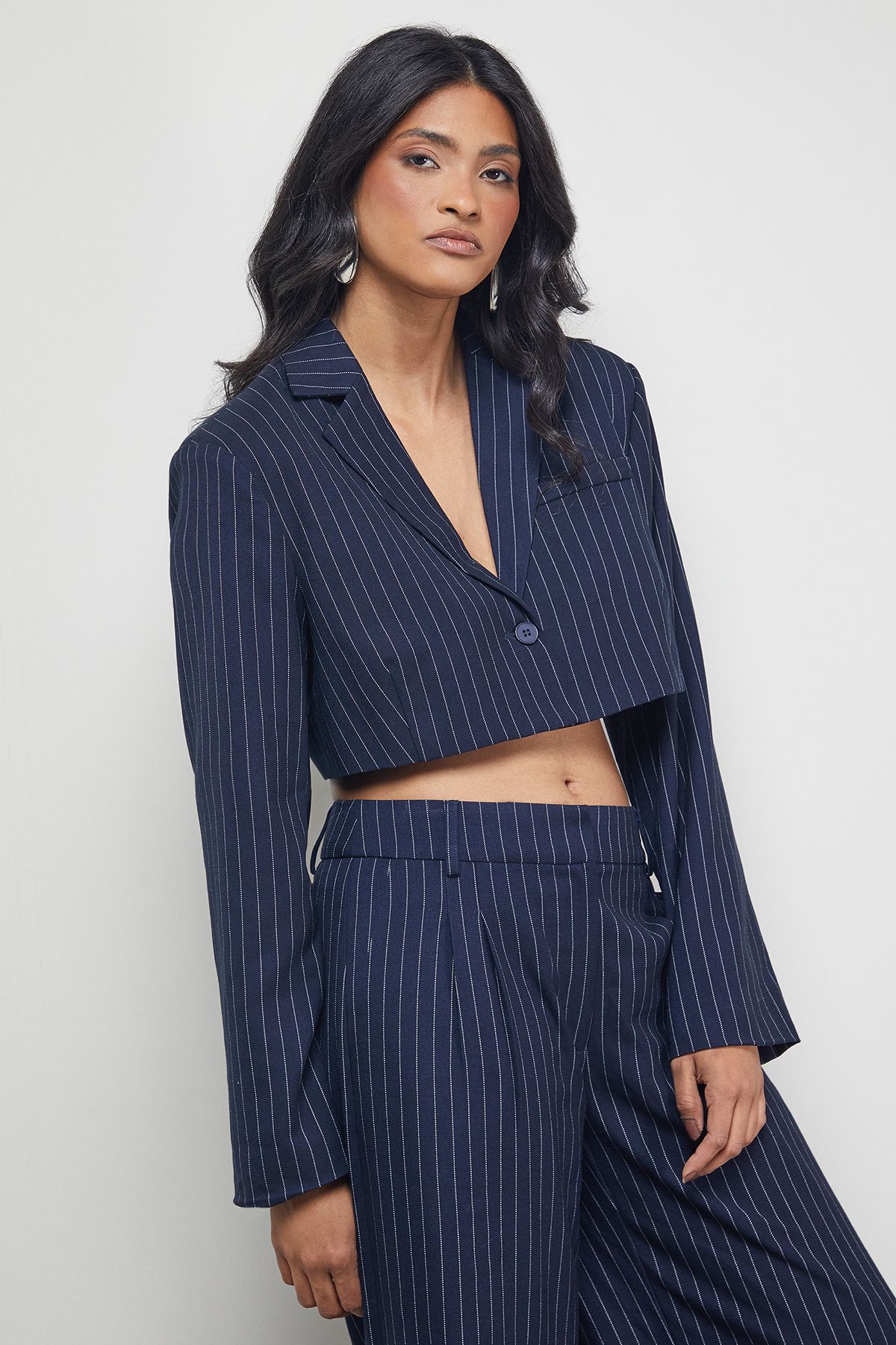 Warehouse Navy Pinstripe Cropped Blazer Co-ord Navy image 4