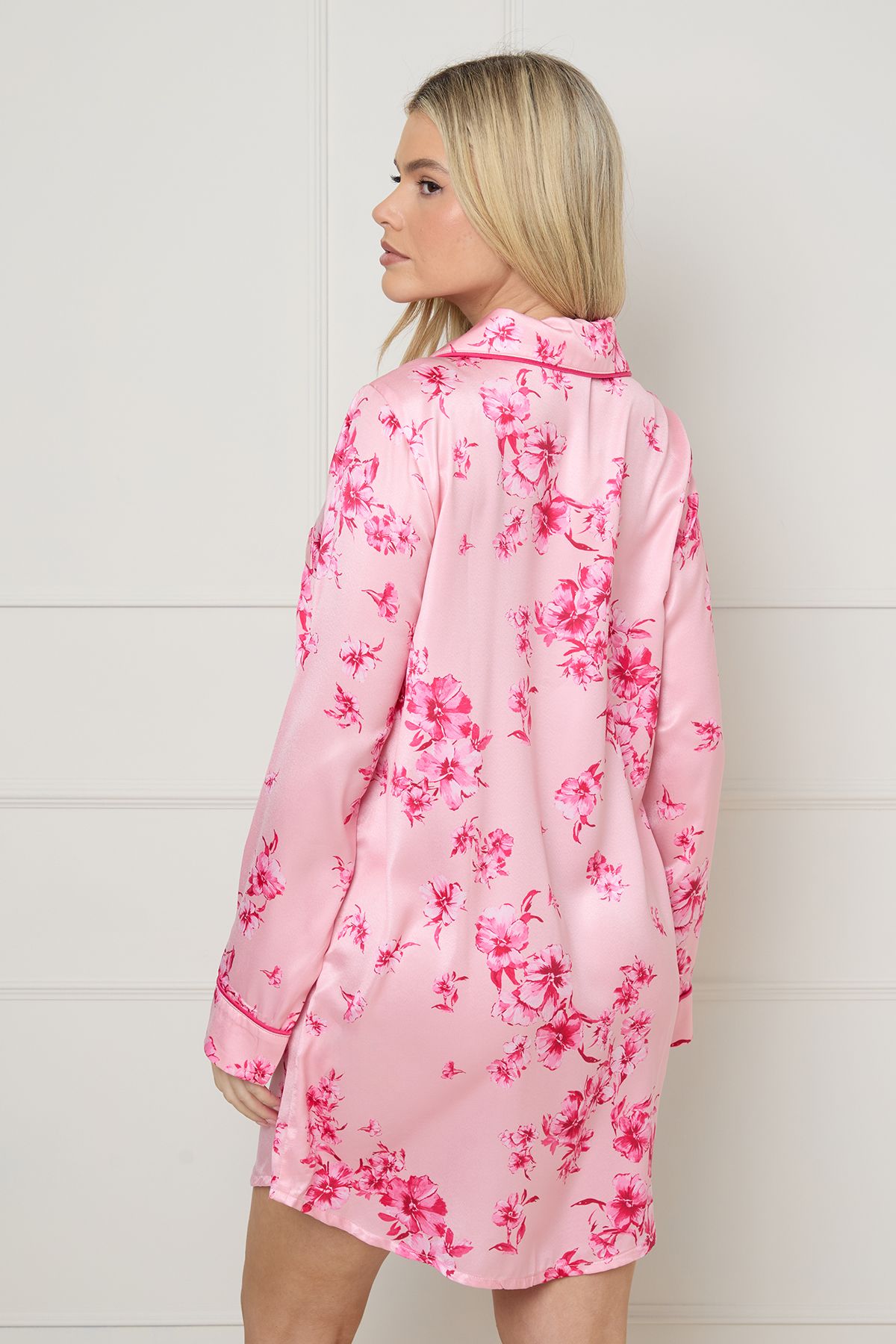 Oasis Pink Floral Long Sleeve Printed Satin Nightie Pink image 3