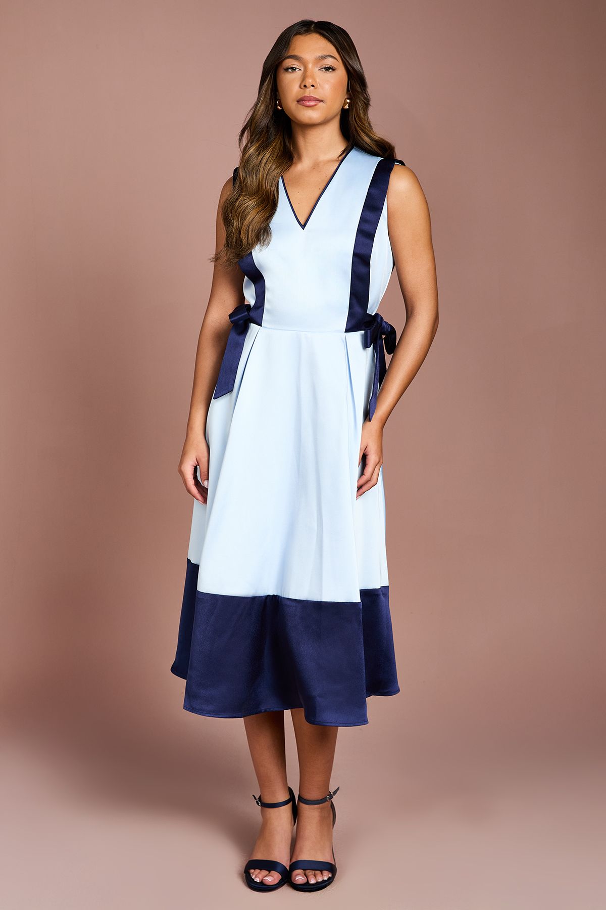 Coast Colour Block Bow Detail Satin Midi Dress Pale Blue image 1