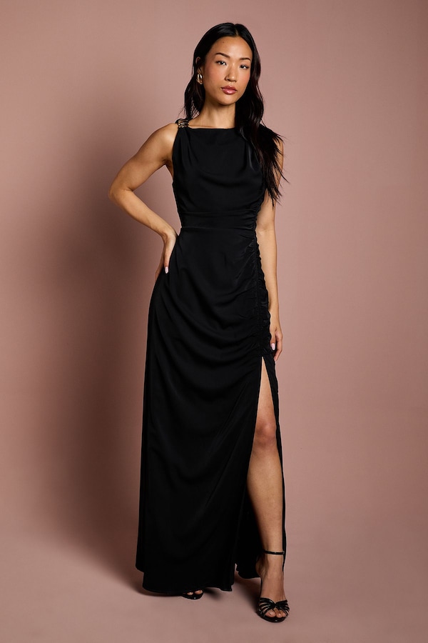 Coast Sleeveless Ruched Maxi Dress With Buckle Detail Black
