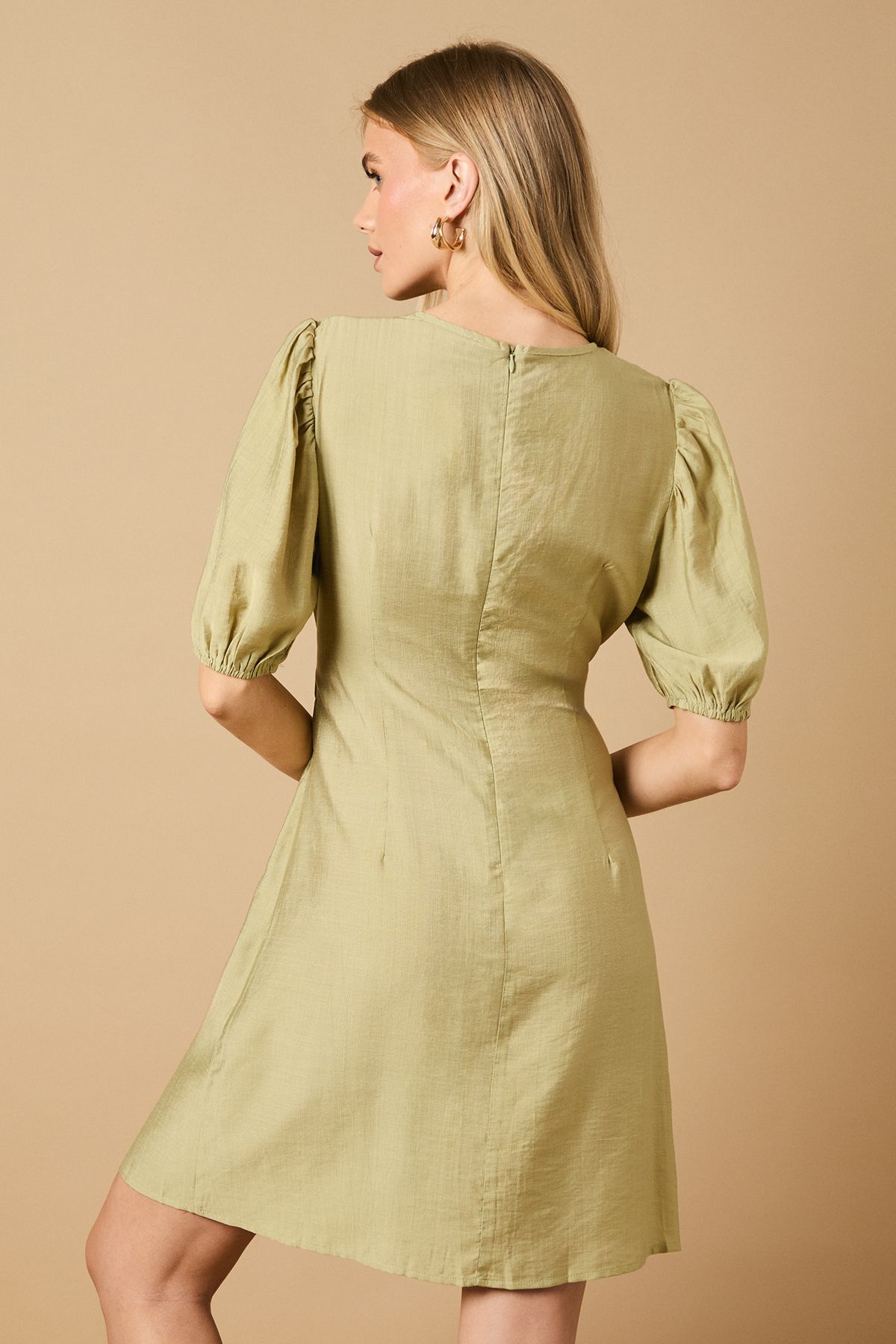 Oasis Shirred Bodice Puff Sleeve Mini Dress Khaki image 5