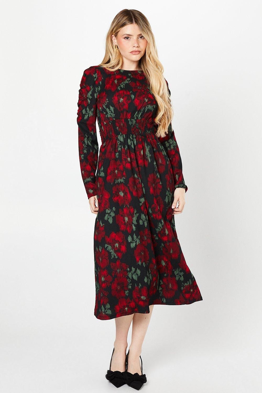 Dorothy Perkins Berry Floral Shirred Waist Long Sleeve Midi Dress Floral image 1
