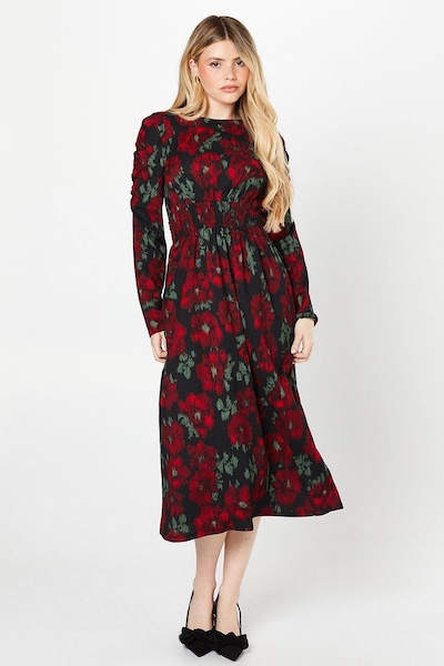 Dorothy Perkins Berry Floral Shirred Waist Long Sleeve Midi Dress Floral