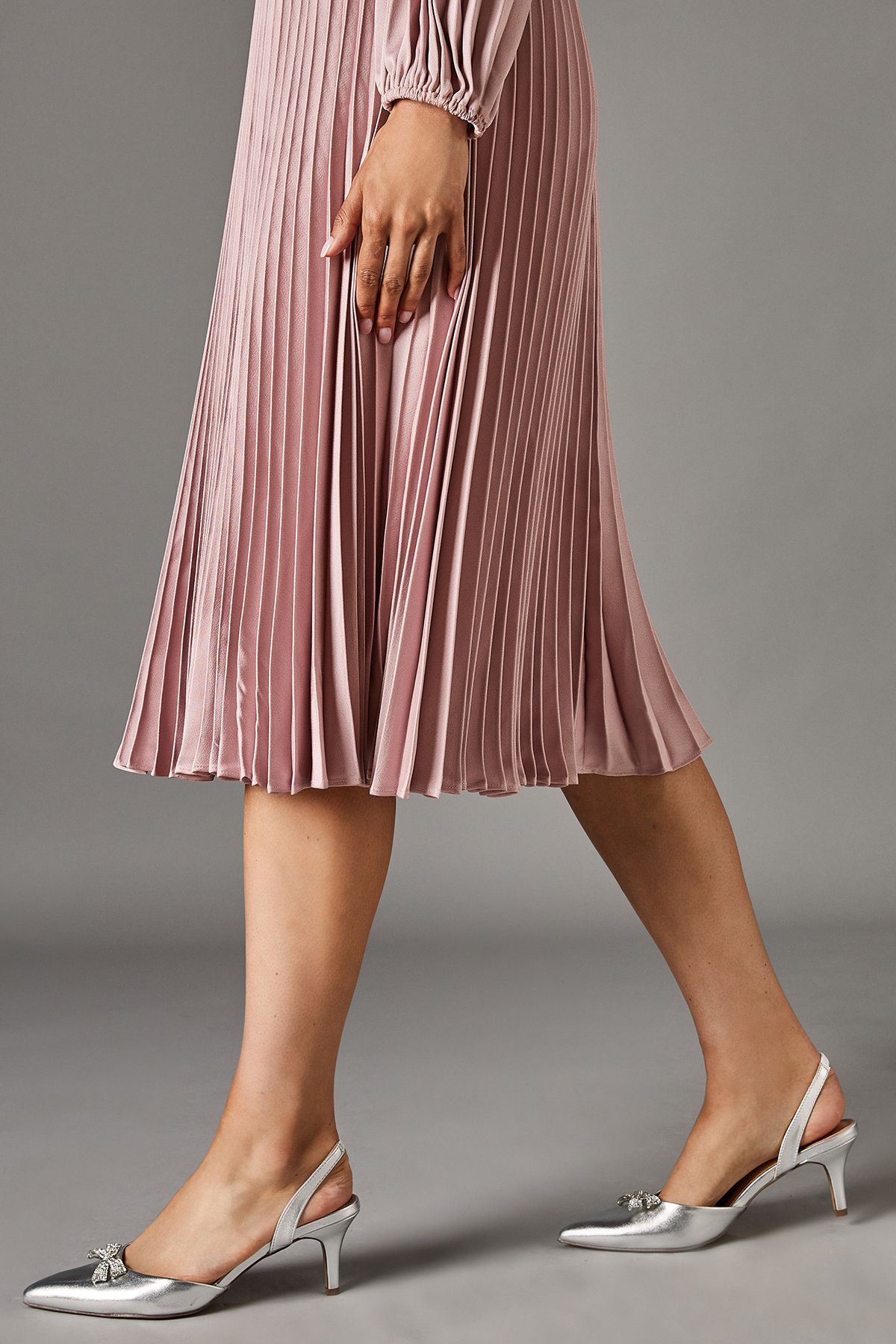 Coast Sammi Satin Diamante Bow Brooch Slingback Kitten Heel Court Shoes Silver image 3