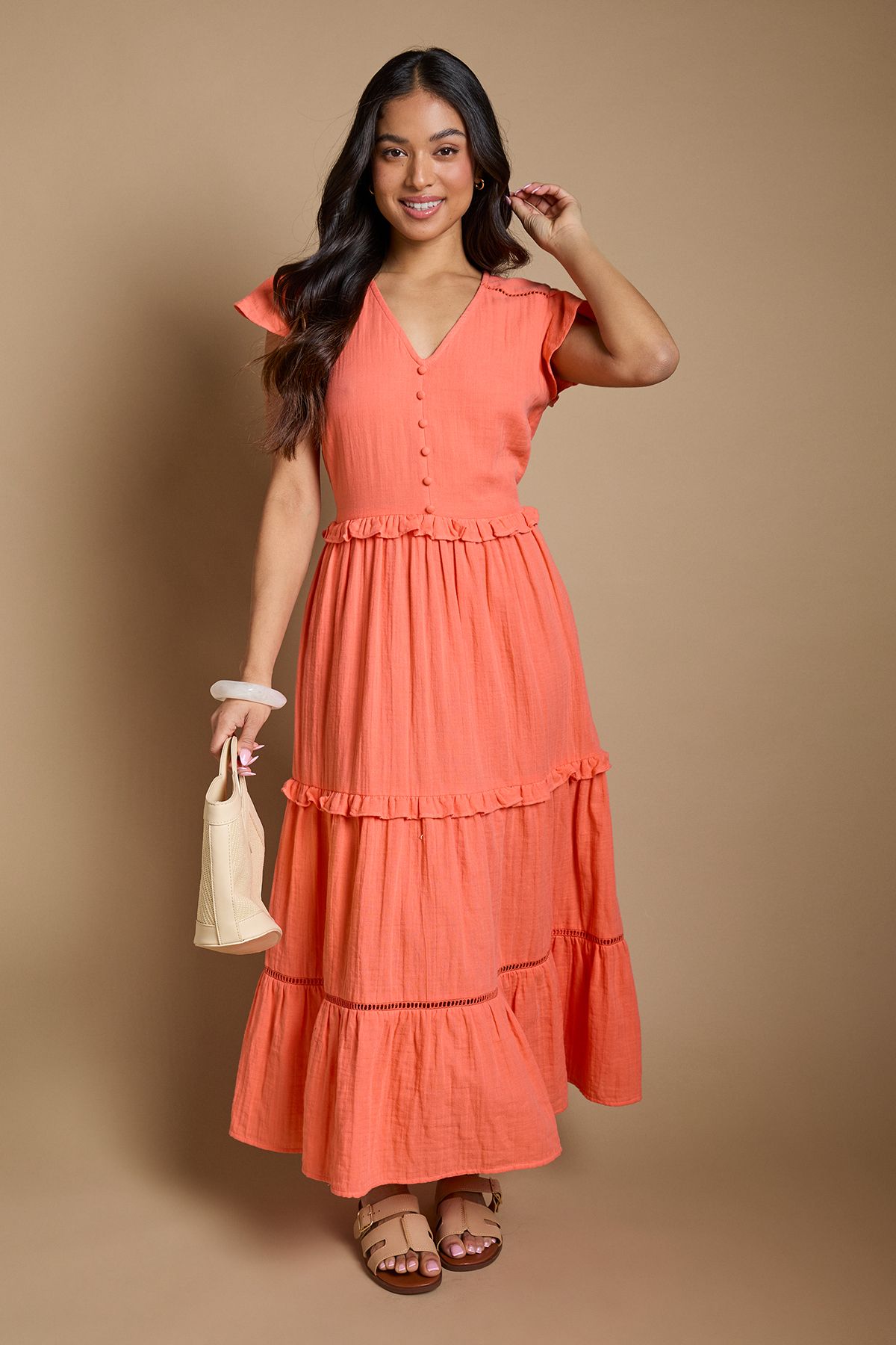 Dorothy Perkins Petite Button Front Frill Sleeve Midaxi Dress Coral