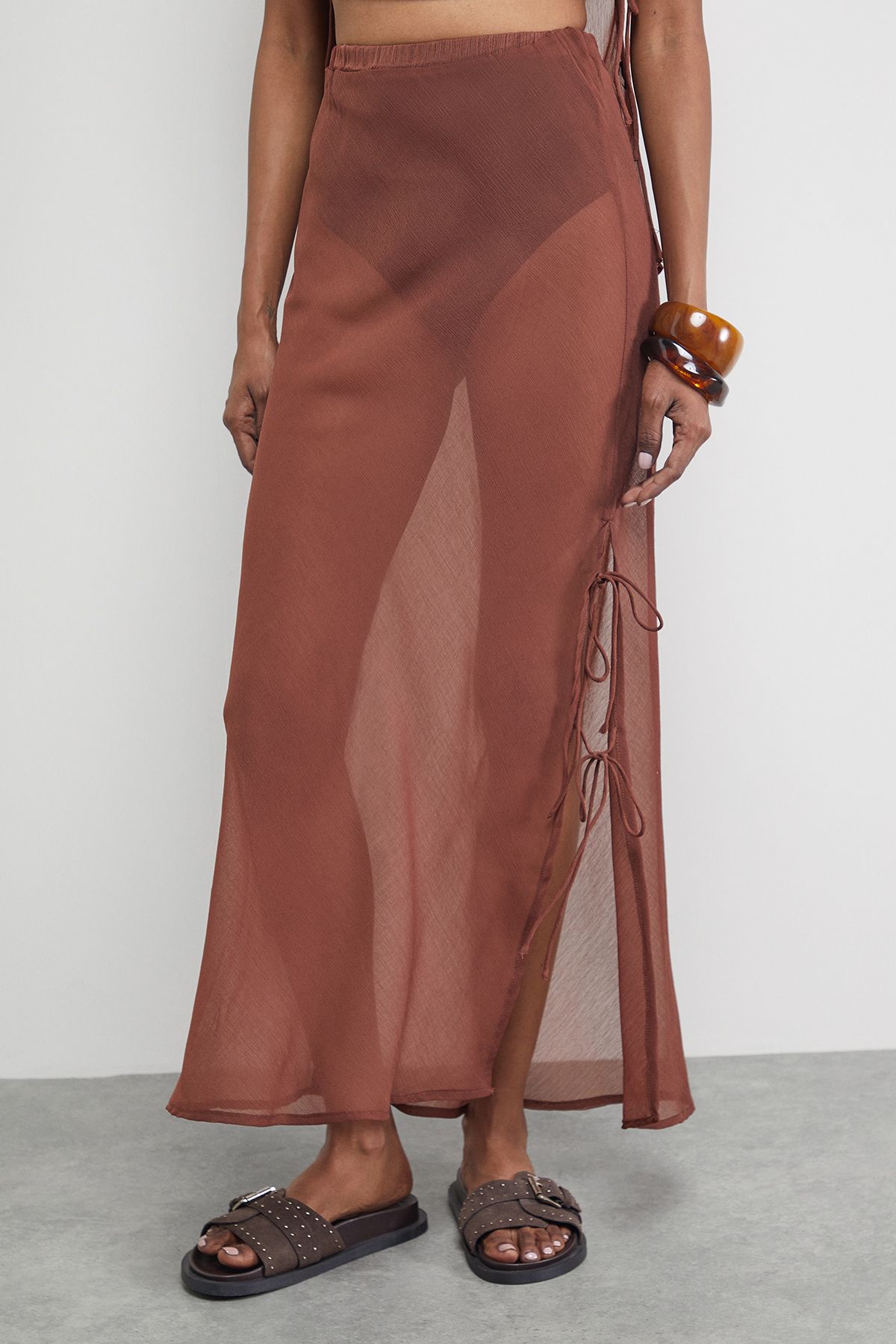 Warehouse Chiffon Tie Side Column Midi Skirt Chocolate image 2
