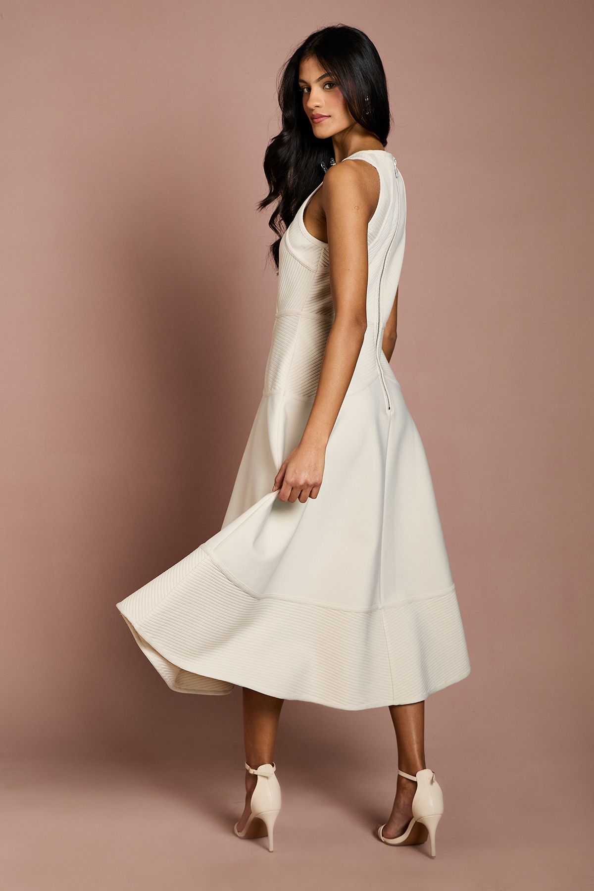 Coast Petite Ribbed Bandage Halterneck Midi Dress Stone image 3